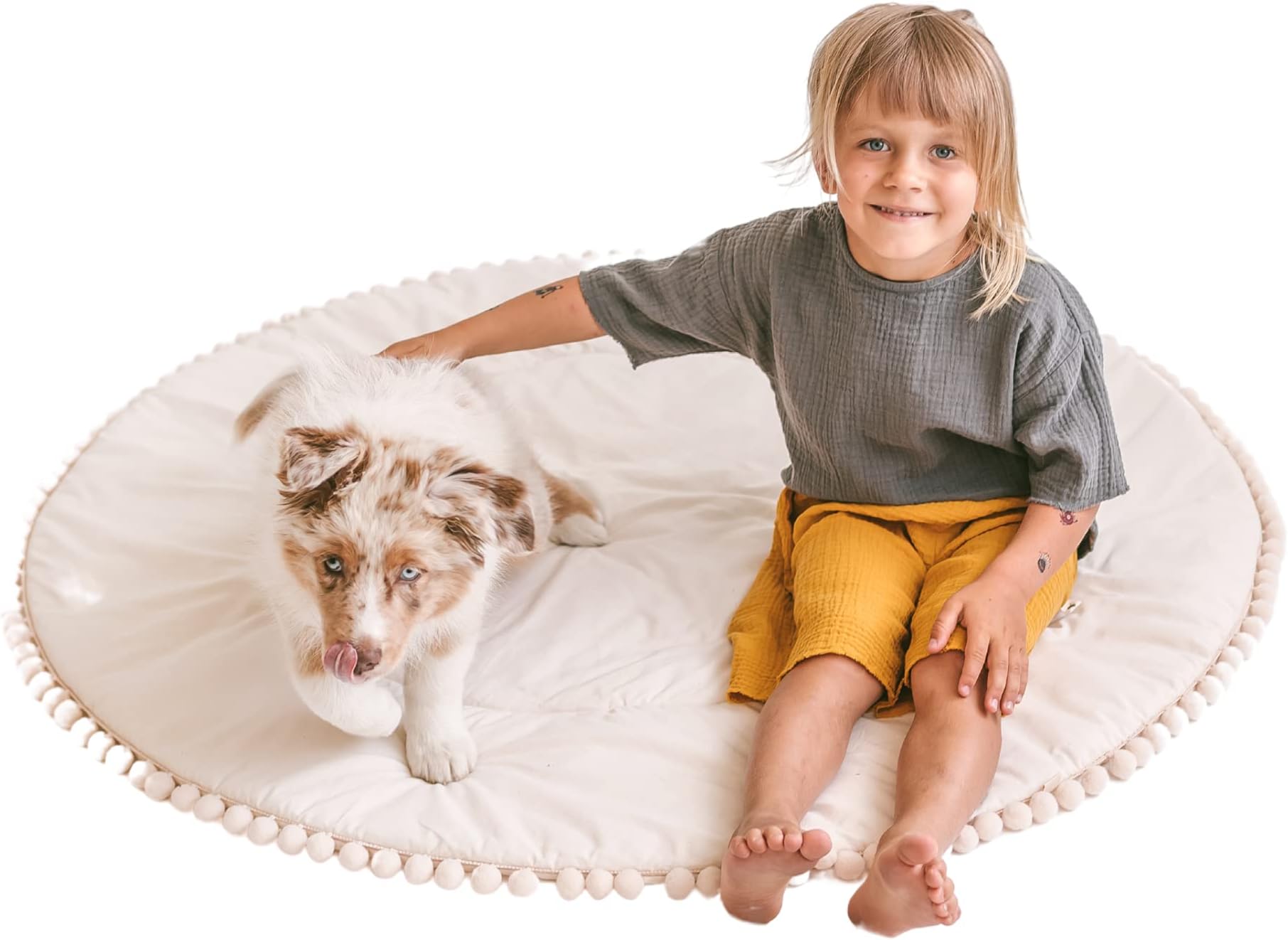 Floor Mat for Baby 45 Inches Wide - Round Padded Activity Mat with Pom Pom Decor - Tummy Time Mat for Baby Girl and Boy - Teepee Play Mat from 100% Certified Cotton