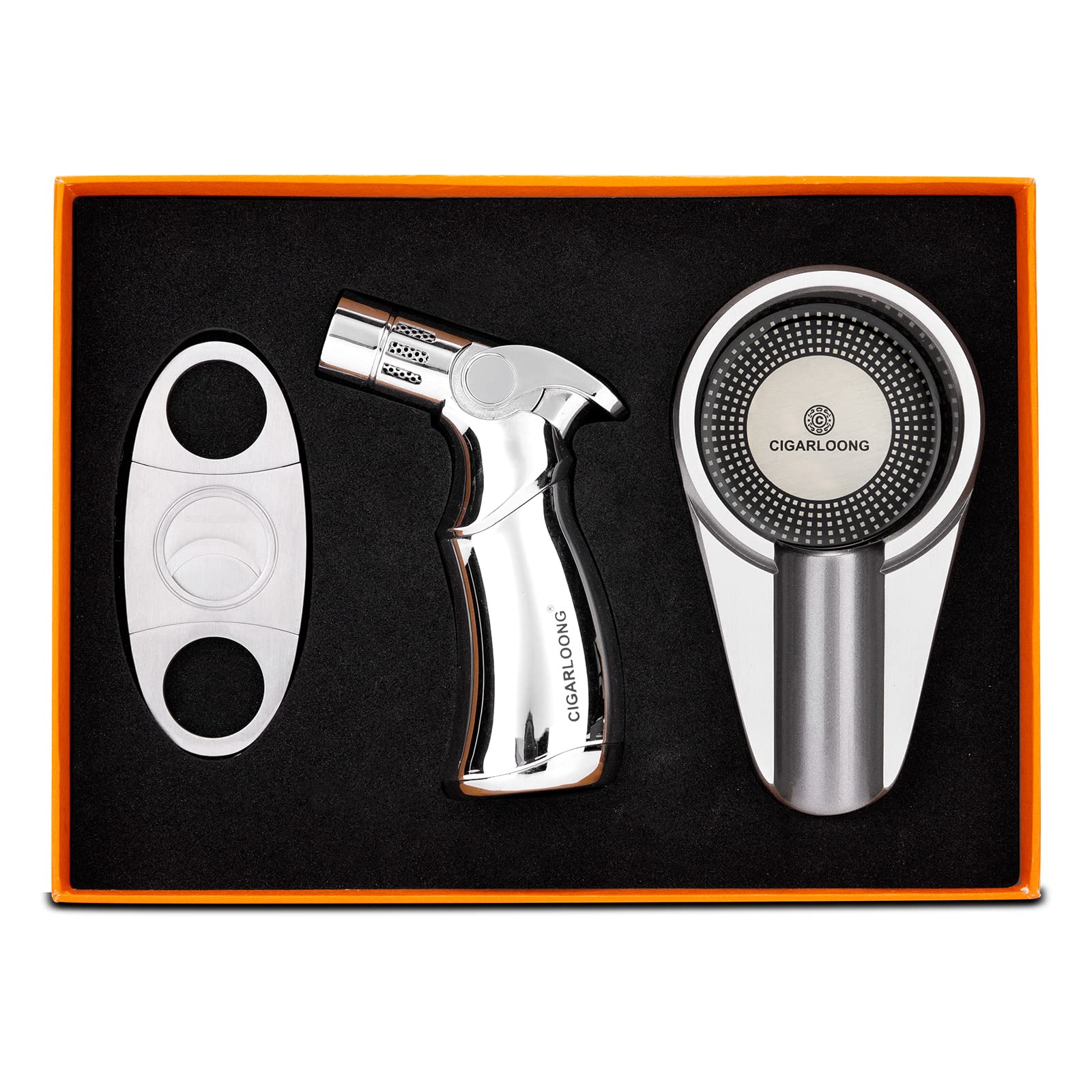 CIGARLOONG Cigar Accessories Set Windproof 4 Jet Torch Lighter Sharp Blade Cigar Guillotine Stainless Steel Ashtray with Gift Box(Set1),Without Gas