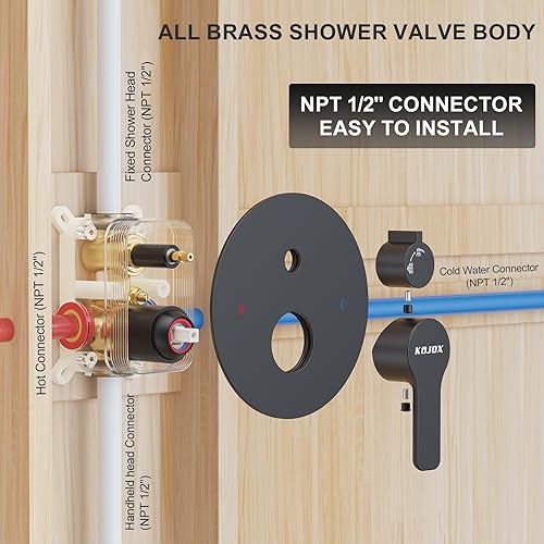 Miniatura 6 de KOJOX Grifo de ducha  Sistema de cabezal de ducha de alta presión  3 ajustes de cabezal de ducha  Válvula incluida (negro mate)