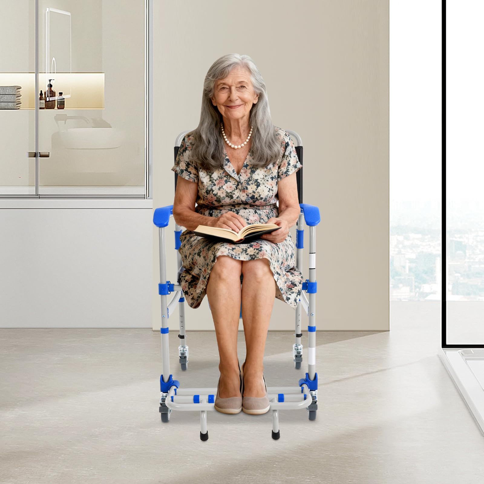 Silla de inodoro para personas mayores, plegable con ruedas, capacidad de carga de 125 kg y 4 ruedas de freno, altura ajustable (41-49 cm), para personas mayores y personas con movilidad reducida