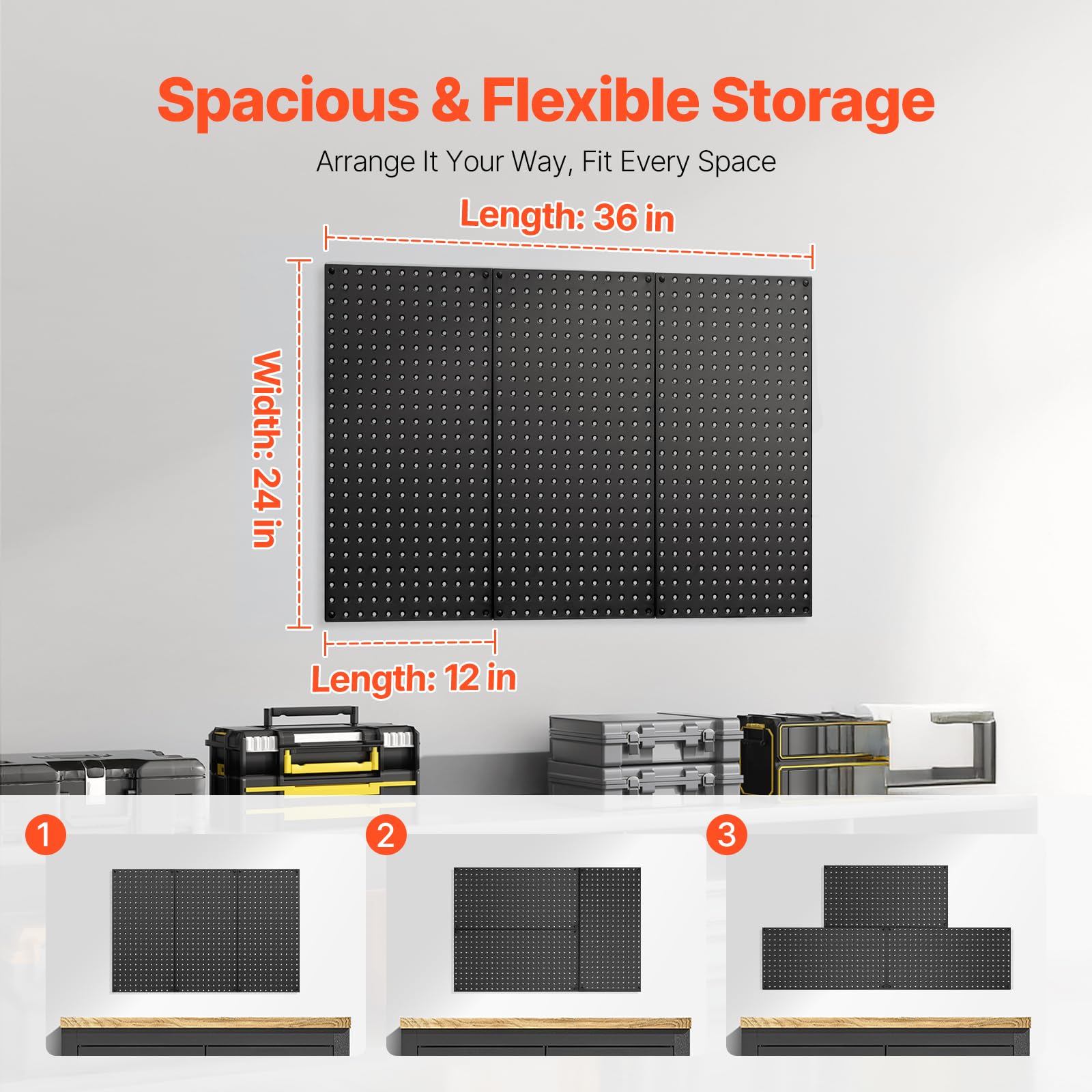 VEVOR Pannello Forato da Muro 609,6x304,8 mm Organizzatore per Garage in Metallo da Parete con 3 Pannelli Forati, Kit per Organizzazione Attrezzi per Ufficio, Studio Artigianale, Cucina, Casa, Nero