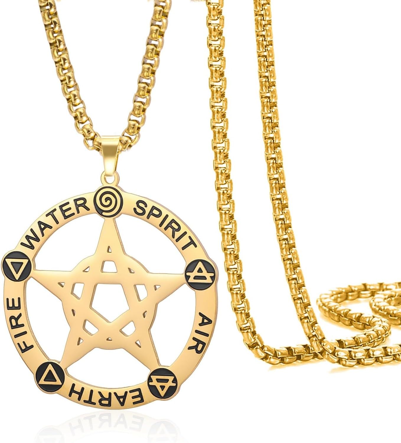 Faozhuo Pentagram Necklace Stainless Steel Men Women Pentacle Pendant Alchemy Symbol Pagan Wiccan Amulet Jewelry, Gold-Box chain