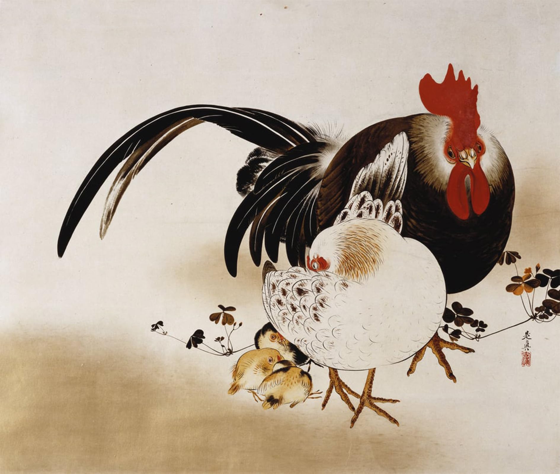 Posteriik No Frame Vintage Art Print Images Pictures Print Hanging Scroll Depicting A Cockerel Hen And Chicks By Shibata Zeshin Modern Colour Posters For Office Home Decor 60X90cm