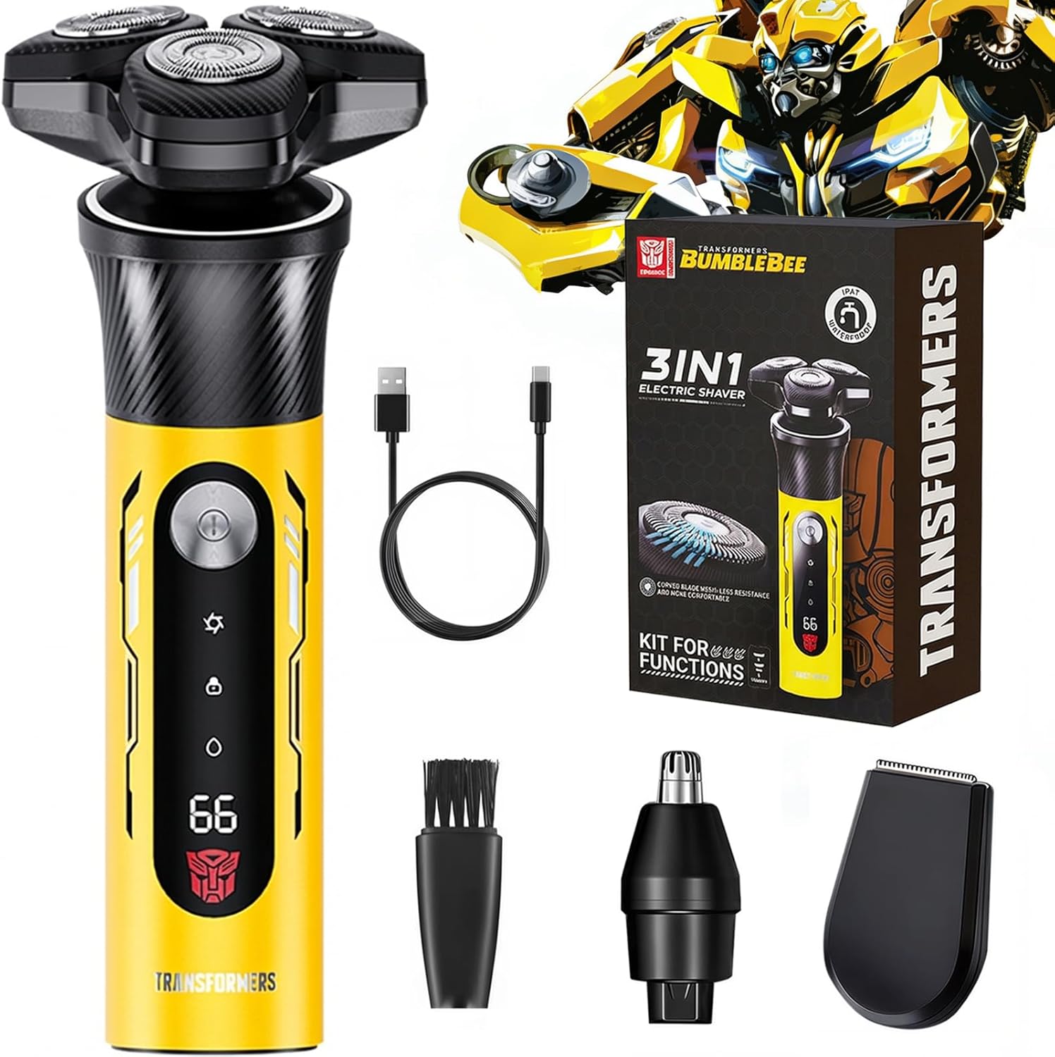 TRANSFORMERS Electric Razor for Men, 2-Speed Adjustable Shaver, IPX7 Waterproof, USB-C Fast Charging, LED Display, Smart Anti-Snag Beard Trimmer for Sensitive Skin, Mens Grooming Gift (Black)