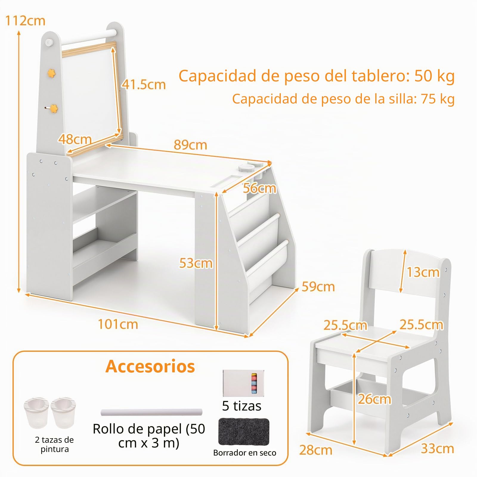 LIFEZEAL Mesa y Silla Infantil, Mesa de Dibujo con Pizarra de Doble Cara, Rollo de Papel, Bolsas de Almacenamiento, Silla Ergonómica con Respaldo (Gris)