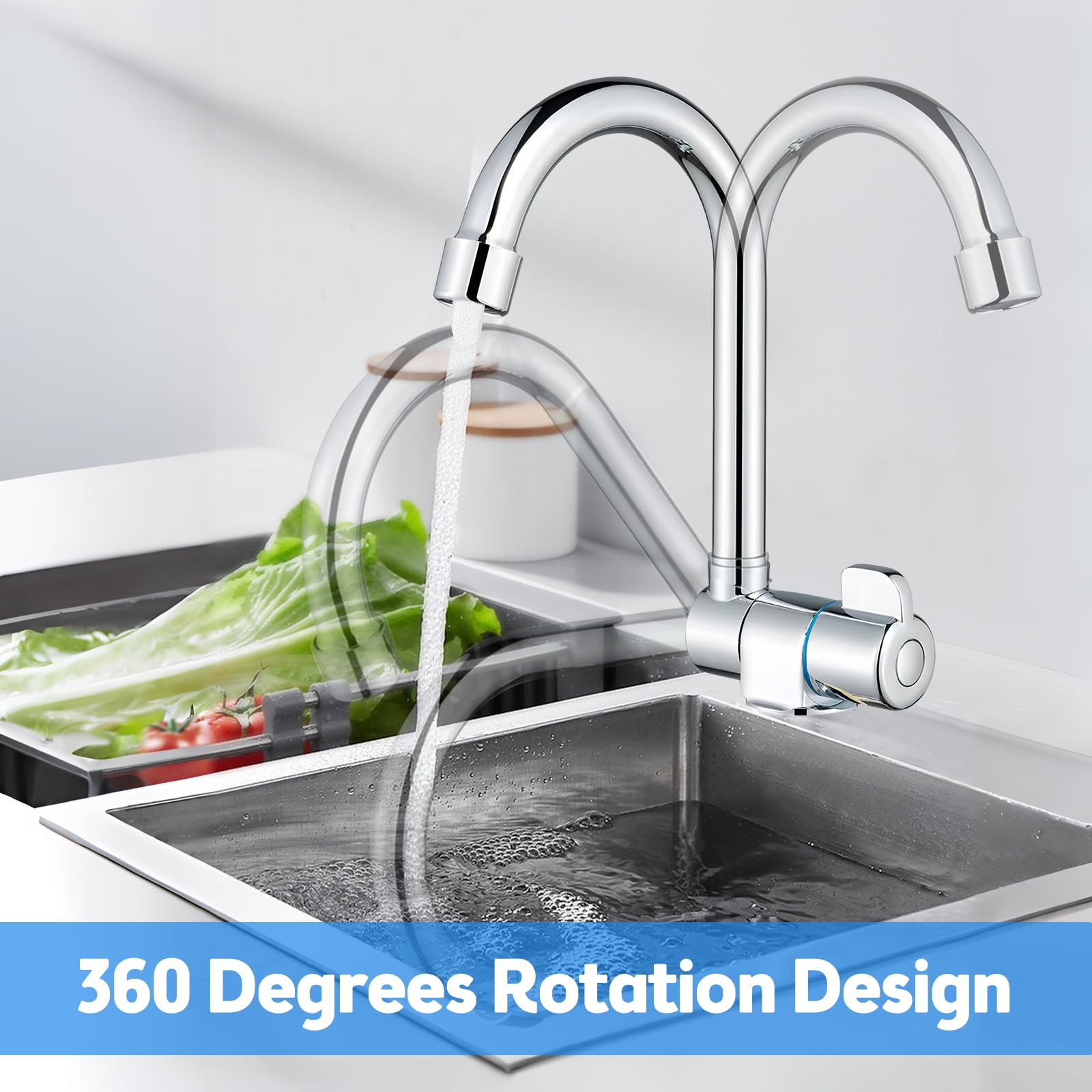 Grifo giratorio de 360° de latón cromado para fregadero de cocina, grifo monomando de agua fría con rosca G1/2 para autocaravanas/yates/lavabos, duradero y elegante