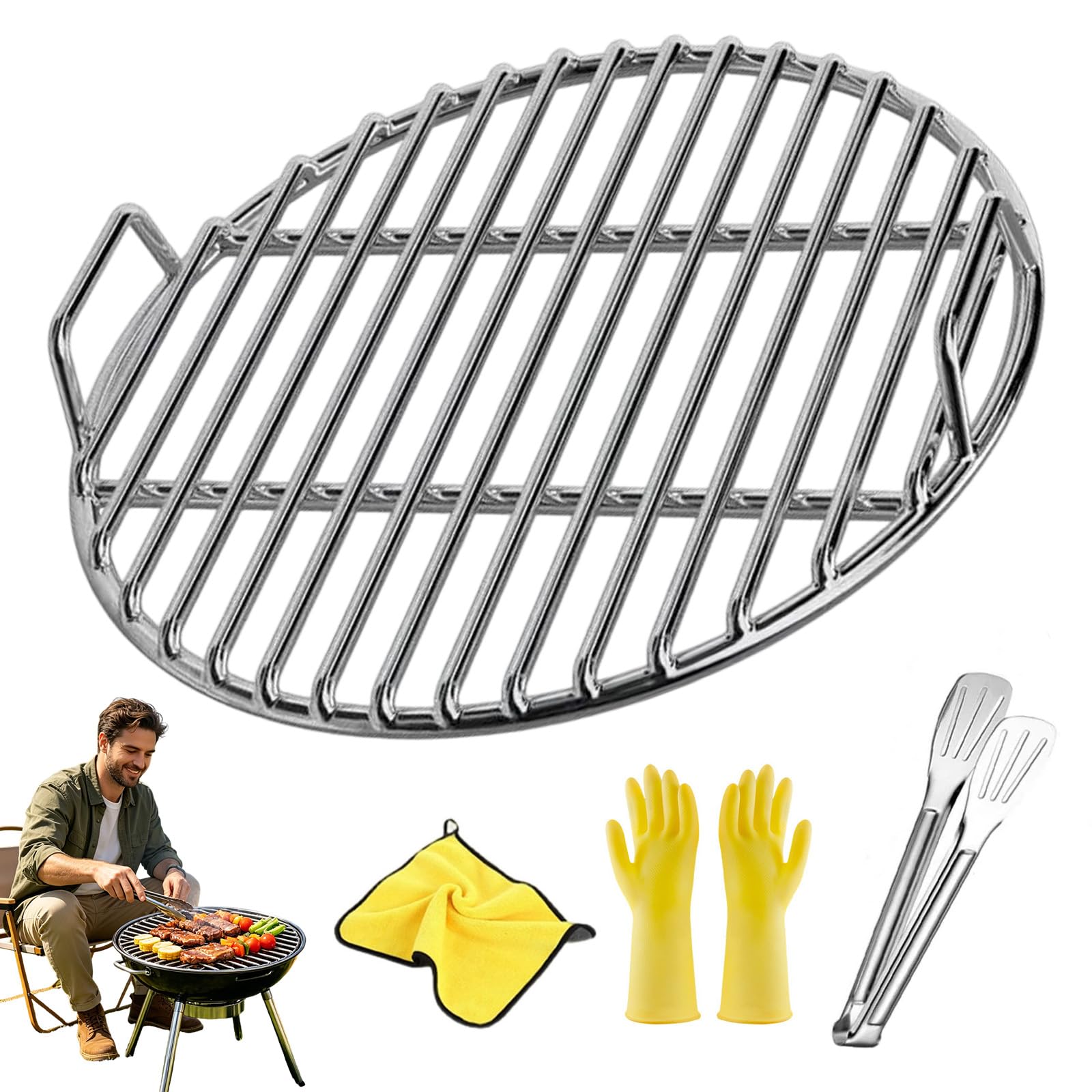 304 Inless - Juego de parrilla de acero con pinzas de 28 a 60 cm de diámetro redondo con parrillas de caldera y hervidor, accesorios portátiles para barbacoa, fácil de limpiar, distribución uniforme