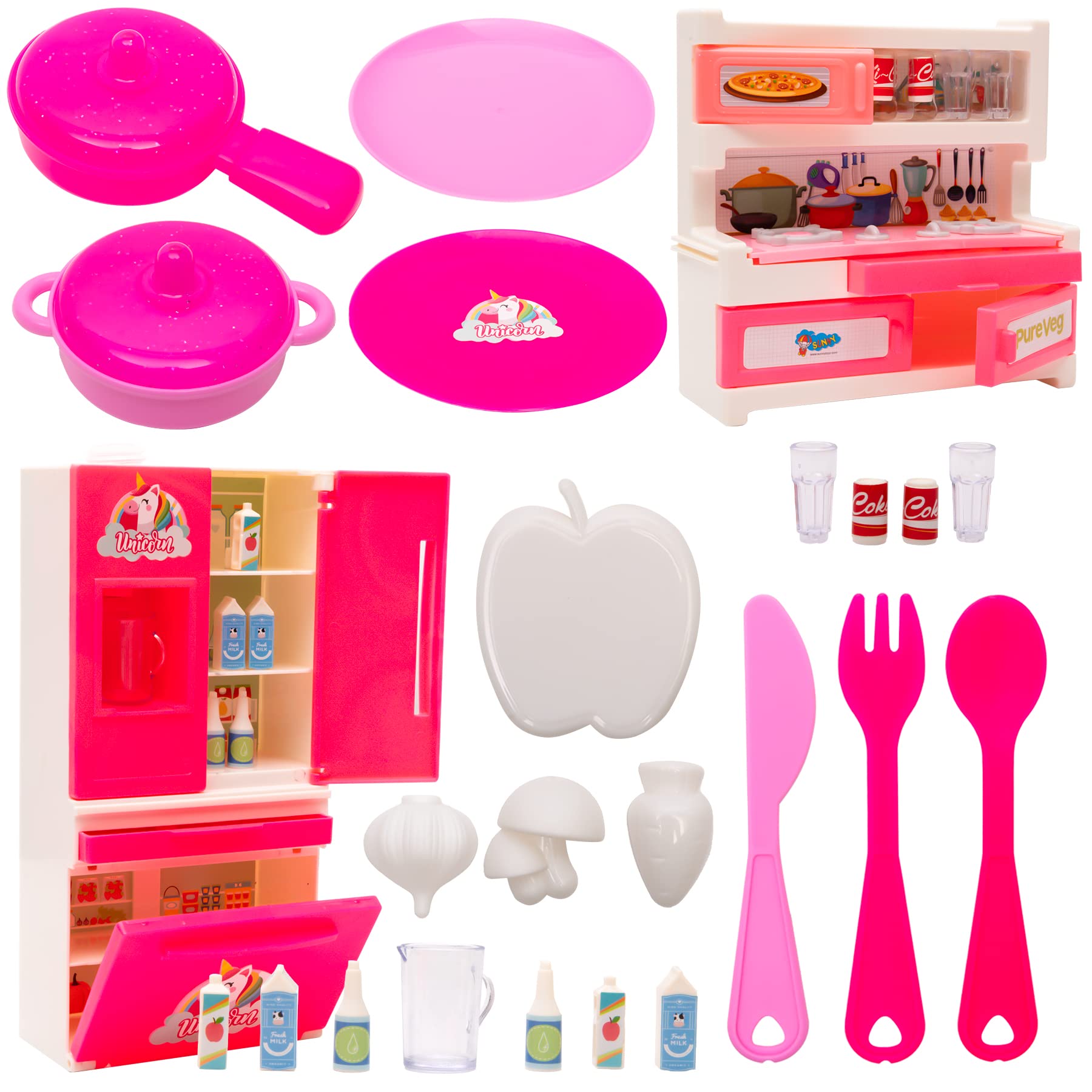 WISHKEY Unicorn Kids Kitchen Toy Set for with Stove Cupboard, Fridge & Utensils for Kids, Cooking Pretend Play Indoor Toy with 25 Accessories for Boys & Girls Above 3 Years (Set of 25, Multicolour)