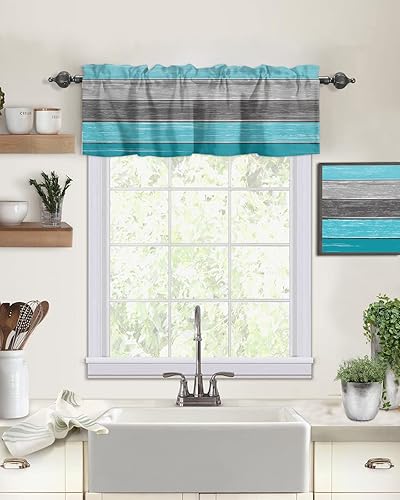 Miniatura 2 de Cenefas de cortinas de cocina para ventanas, color azul aguamarina y gris con bolsillo para barra, tratamiento de ventana de campo para cocina, sala