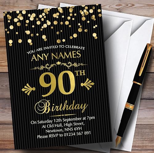 Invitaciones personalizadas para fiesta de cumpleaños número 90 de color negro con confeti dorado