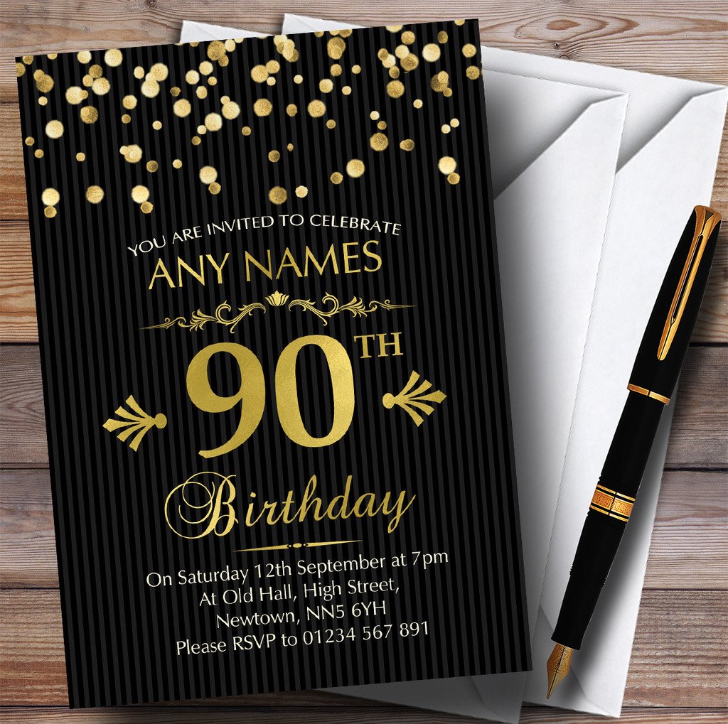 Gold Confetti Black Striped 90th Personalised Birthday Party Invitations