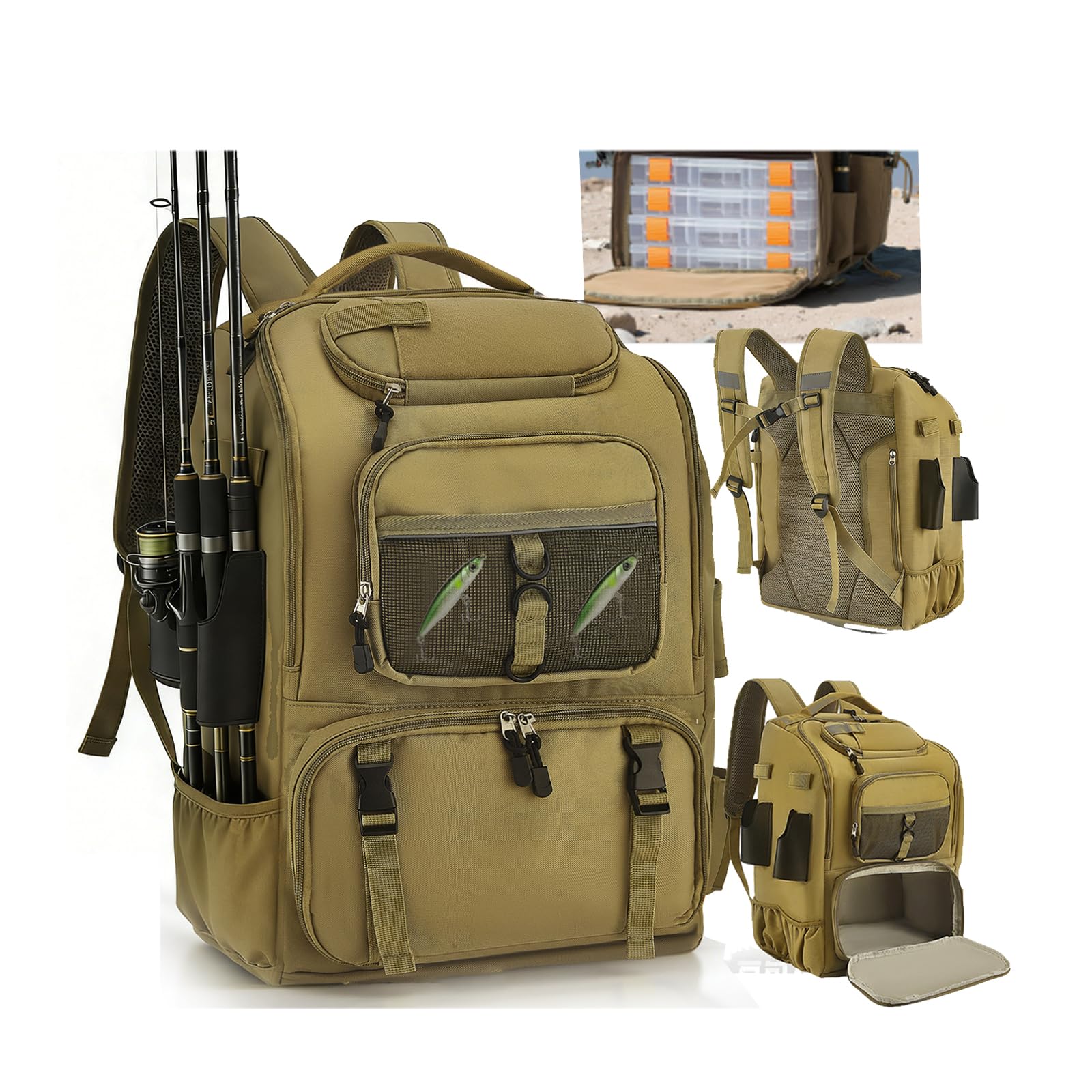 Angeltasche mit Rutenhaltern, 900D Oxford Wasserabweisend Angel Rucksack Angelrucksack mit verstellbarem Fach, 40L Angeltaschen für Salzwasser- Süßwasserfischen Angeltasche Wandern Camping Trekking