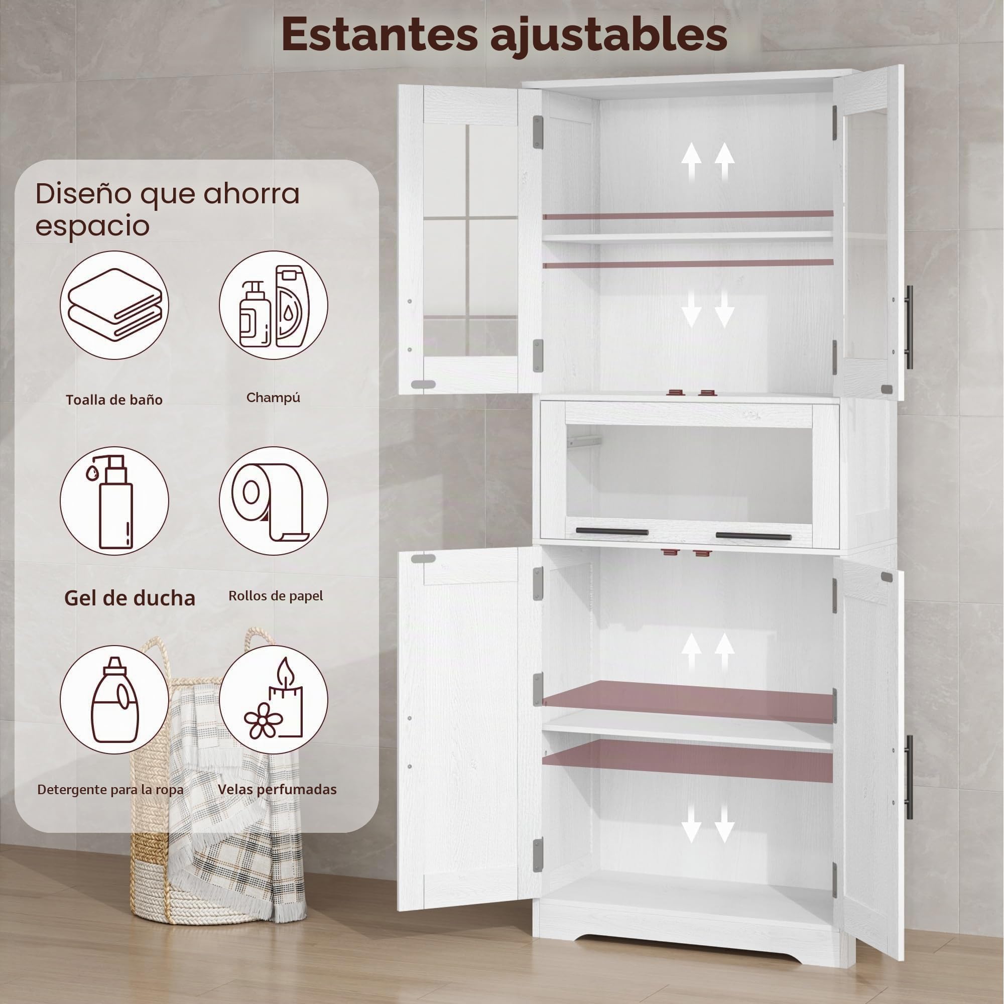 Armario de Baño Premium Ancho, Gran Almacenamiento, Ideal para Cocina, Baño y Salón. Estructura de Madera Maciza. 60 × 30 × 170 cm, Color Roble Blanco