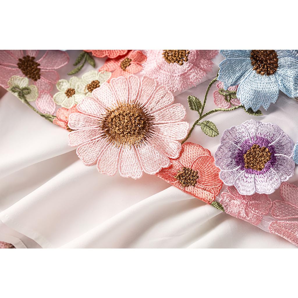 Damen-Midi-Tüllrock mit 3D-Blumenstickerei, Vintage-Stil, elastisch, hohe Taille, Stickerei, Sonnenblumen-Mesh, A-Linien-Rock