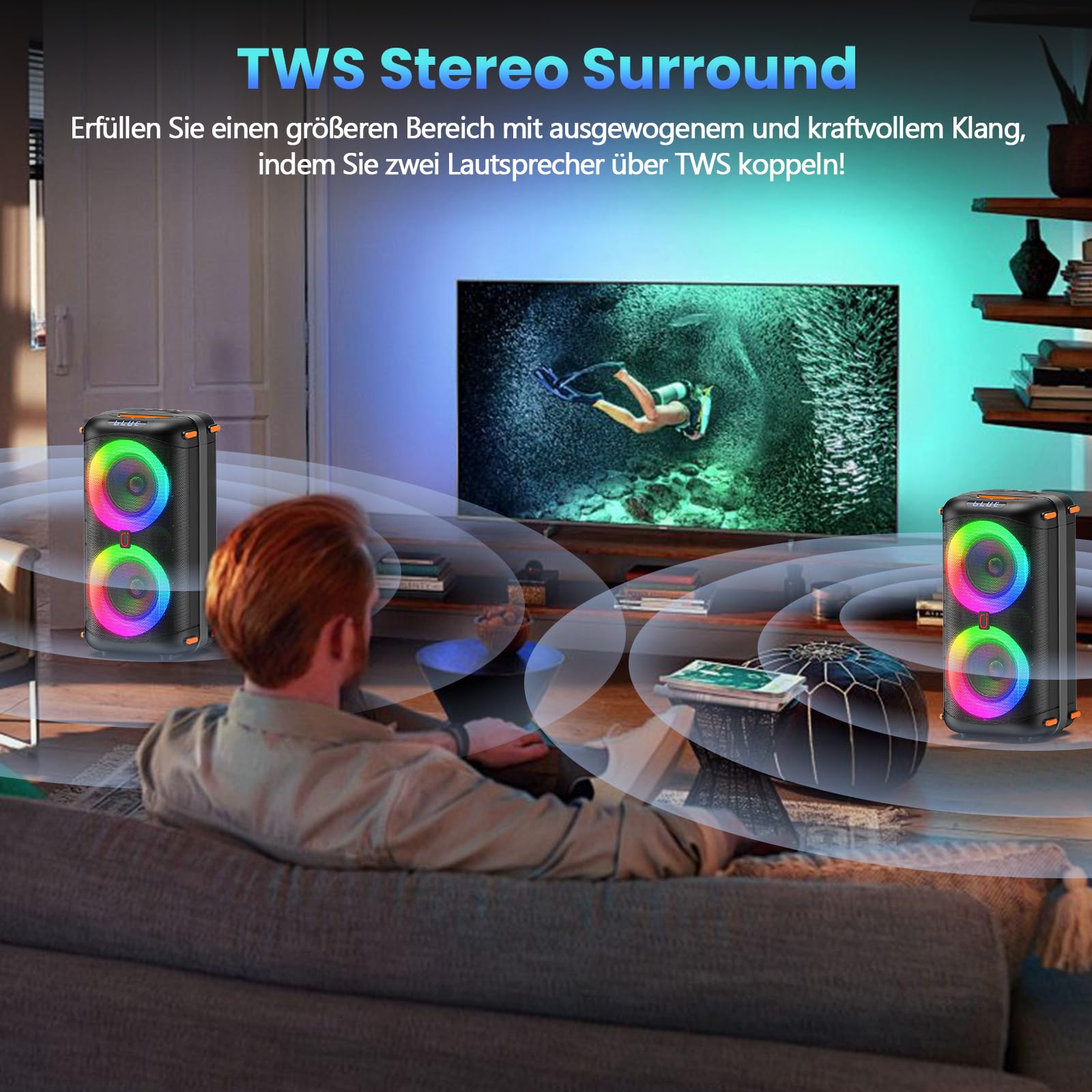 HWWR Karaoke Maschine mit 2 Mikrofonen, Tragbare PA Anlage mit Bluetooth 5.3, EQ Modi, RGB Licht, TWS, USB/TF/AUX, Karaoke Set für Erwachsene und Outdoor-Partys