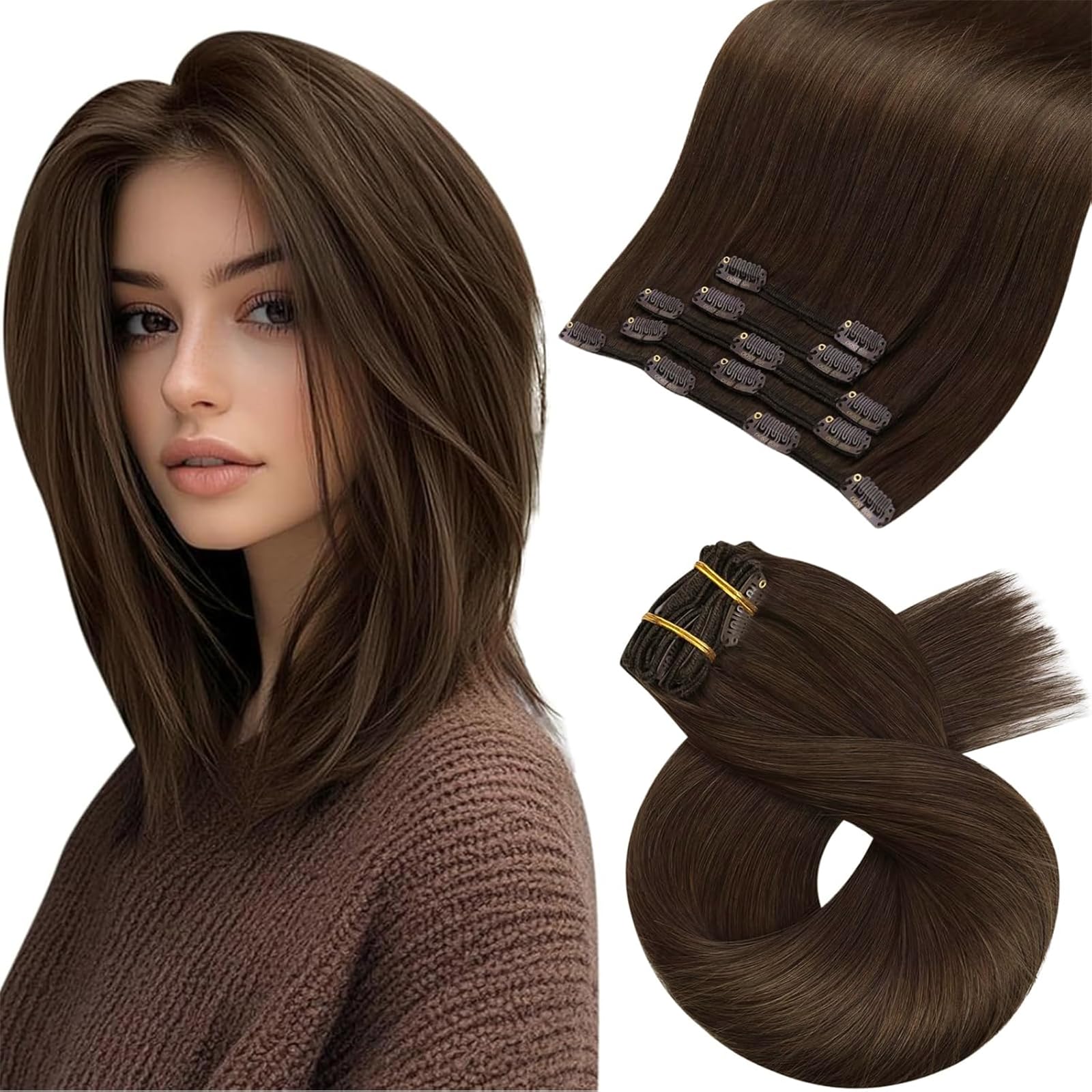 Moresoo Extension Cheveux Naturel Clip Marron Chocolat Remy Extension Clip Cheveux Naturel Invisible Marron Foncé #4 30 cm 5 Pièces 80g - 2