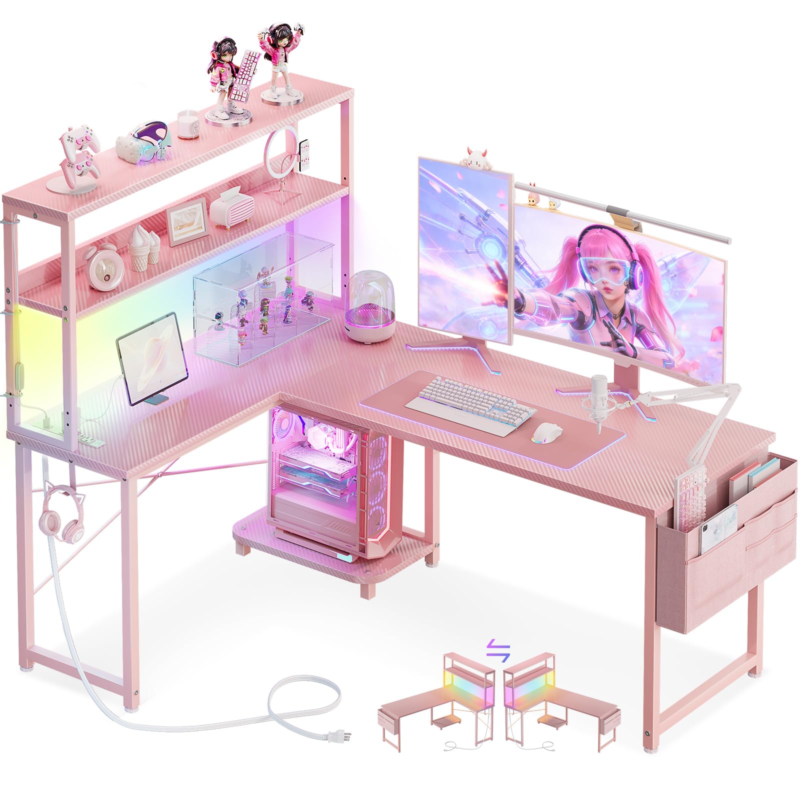 AODK L Shaped Desk Gaming Desk with LED Light & Power Outlet, 53 Inch Reversible L Shaped Computer Table with Shelf & Storage Bag & Hook for Home