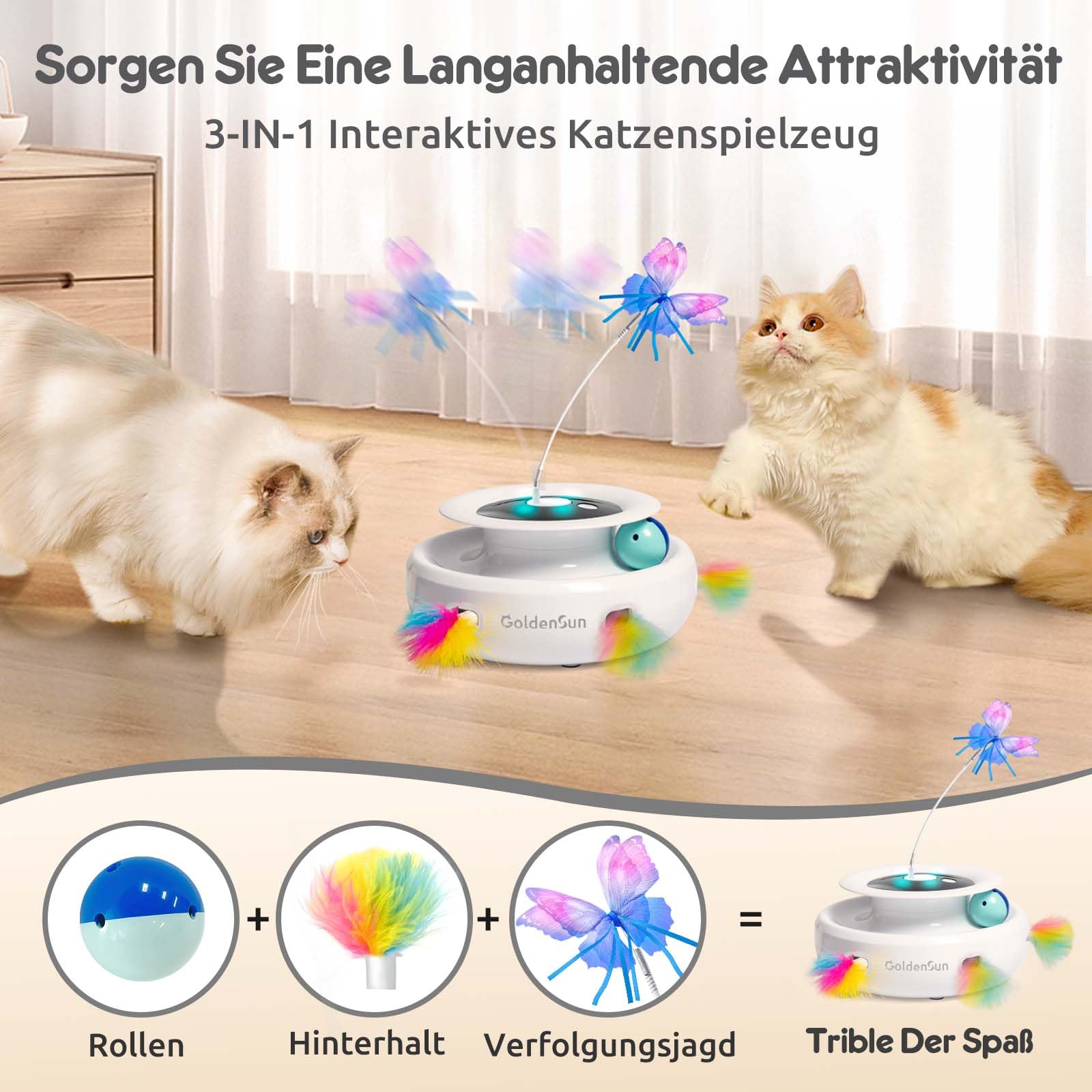 GoldenSun Katzenspielzeug, 3 in 1 Elektrisch Interaktives Automatischer Spielzeug für Katzen, Whack-A-Mole, Fluttering Butterfly, inklusive Ball, USB Wiederaufladbar Katzen Teaser mit 4 Aufsätzen