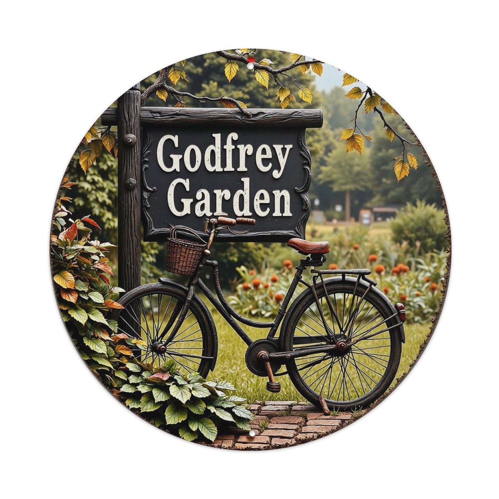 Garden Sign Bicycle Leaves Path Retro Metal Sign Round Tin Sign, Vintage Decor Art Poster for Bar, Home, Man Cave, Kitchen, Laundry Room Gift 8x8Inch