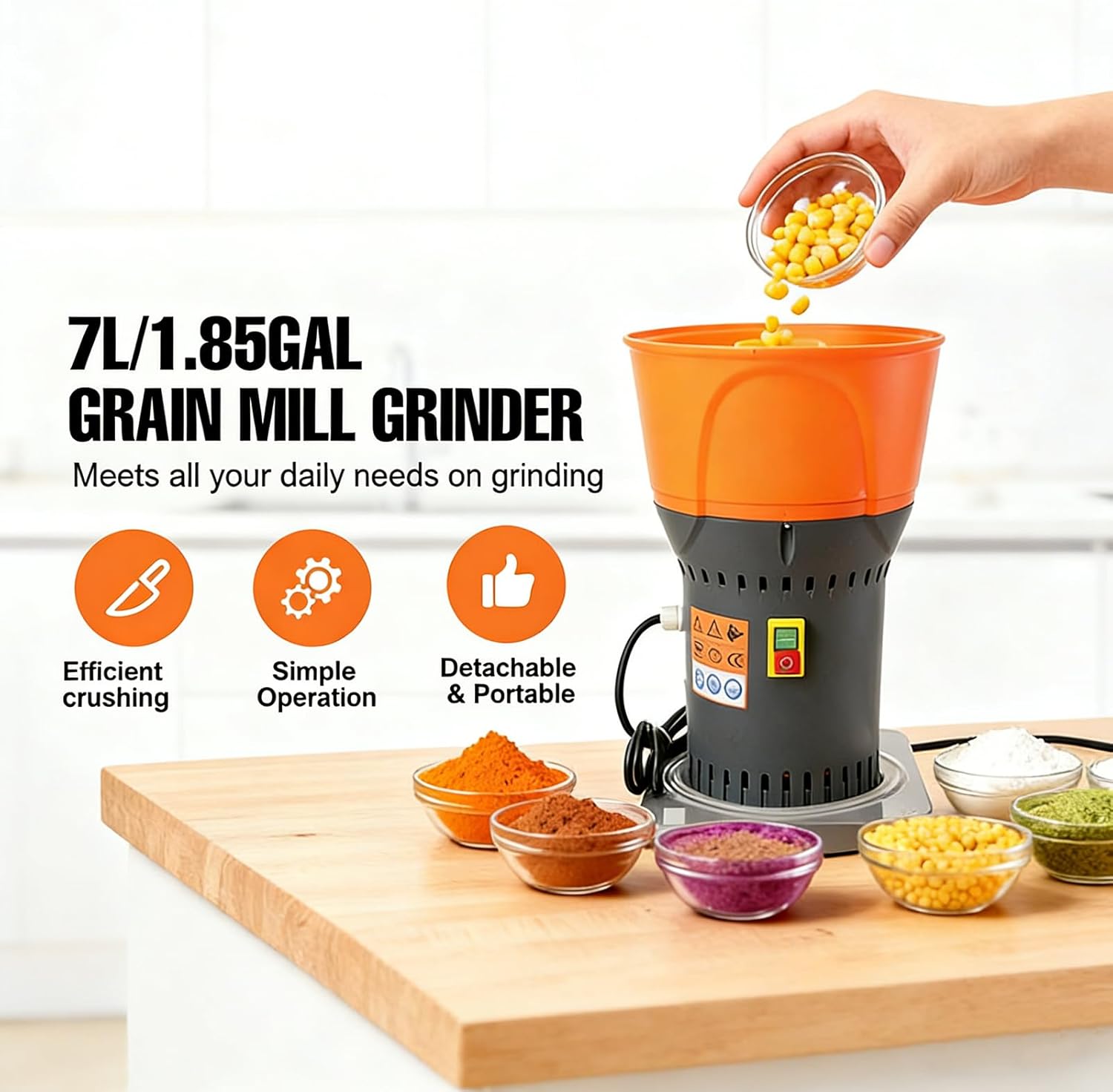 Grain Mill Corn Grinder, 1000W Electric Feed Ginder Mill Dust-Free Dry Cereals Grinder with Detachable Hopper & 3 Sieves for Wheat Corn Grain Spice Coffee Beans 1.85 Gallons (7L)