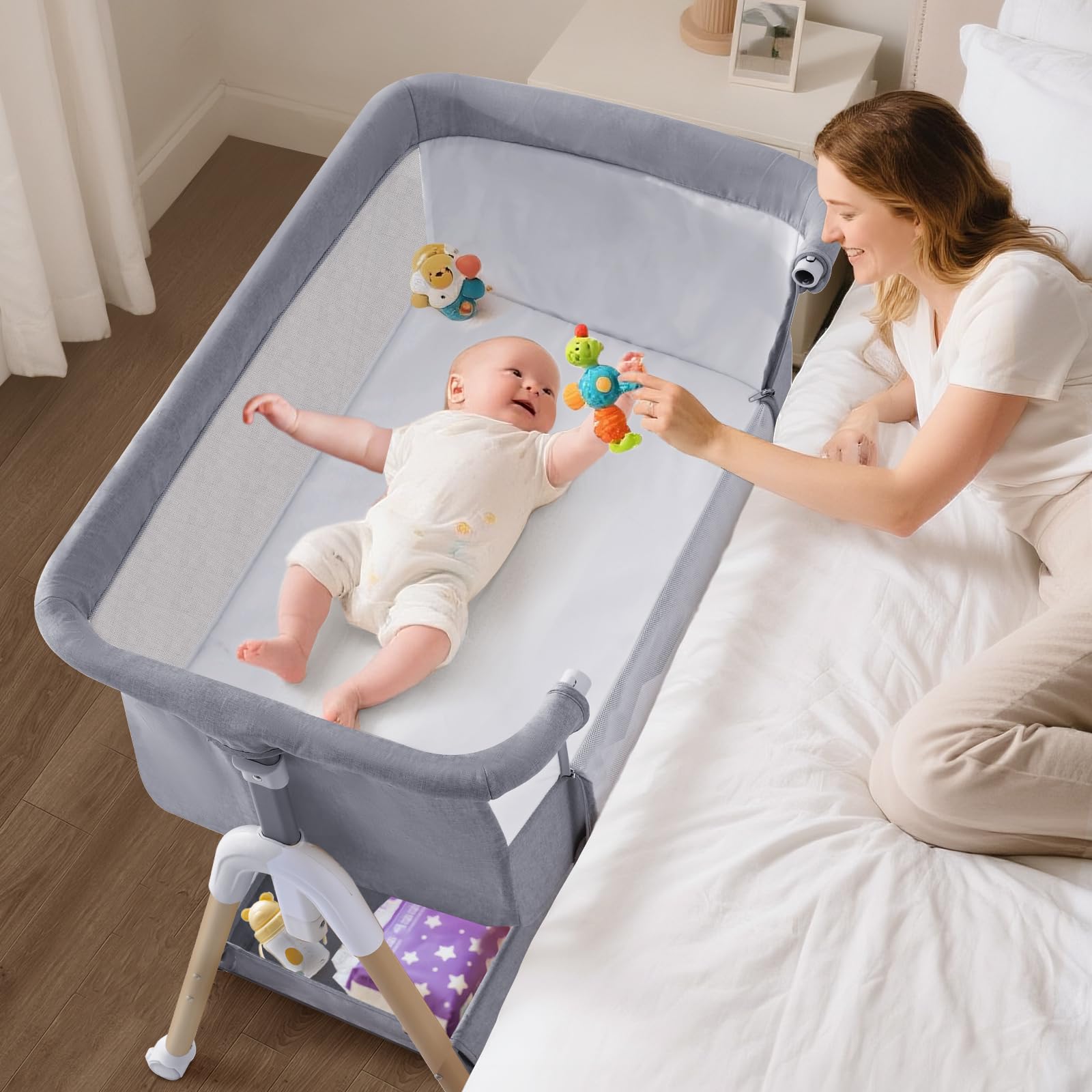 cozydwells 3 in 1 Beistellbett Baby, Tragbar reisebett mit matratze Höhenverstellbar Bettchen Verstellbare Höhe & Neigung 4 abschließbare Räder Baby Co-Sleeper für Neugeborene Kleinkind Grau