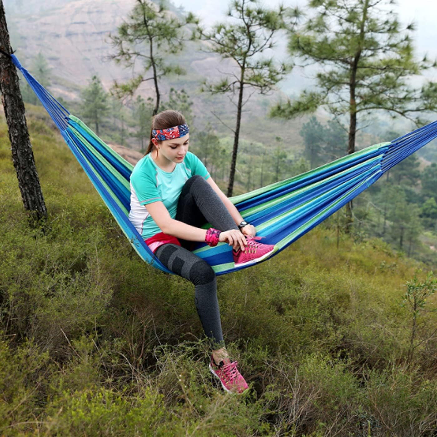 QUANYONG Garden Hammock Comfortable Fabric Hammock Tree Straps Hanging Durable Hammock Portable Hammock Travel Bag,Perfect Camping Outdoor/Indoor Patio Backyard(Double,Blue Stripe) (diaochuang) : Patio, Lawn & Garden