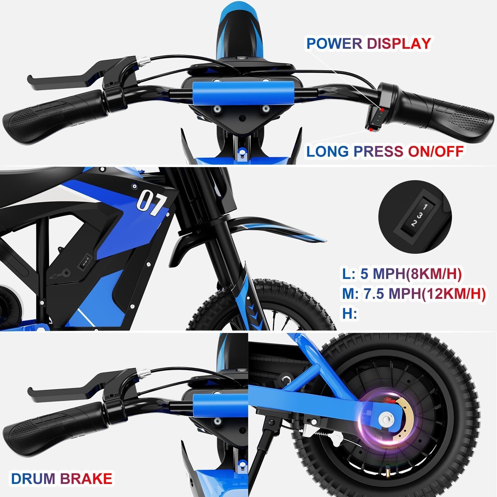 EVERCROSS EV12M Elektro Motorrad Kinder, Elektromotorrad mit 300W Motor, 3 Geschwindigkeitsmodus, 15KM Lange Reichweite, 12 Zoll Luftreifen, Moto Cross für Kinder ab 110cm Körpergröße