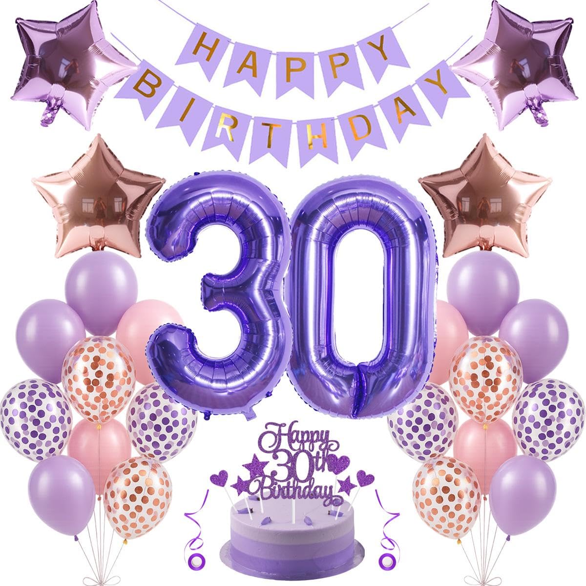Jxuzh 30pc Purple Number Balloons & Decorations: 32in Number, Stars, Banner, Latex, Confetti, Cake Toppers & Ribbon - Unisex 30th Birthday Party Decor