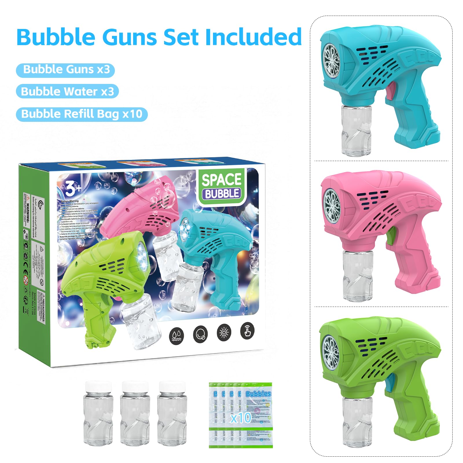 113A Panamalar 3pcs Pistolets à Bulles,Machine à Bulles Savon Enfants 4000+Bulles Contient 3 Flacons de Solution et 10 Sachets de Recharge Enfant/Anniversaire/fête