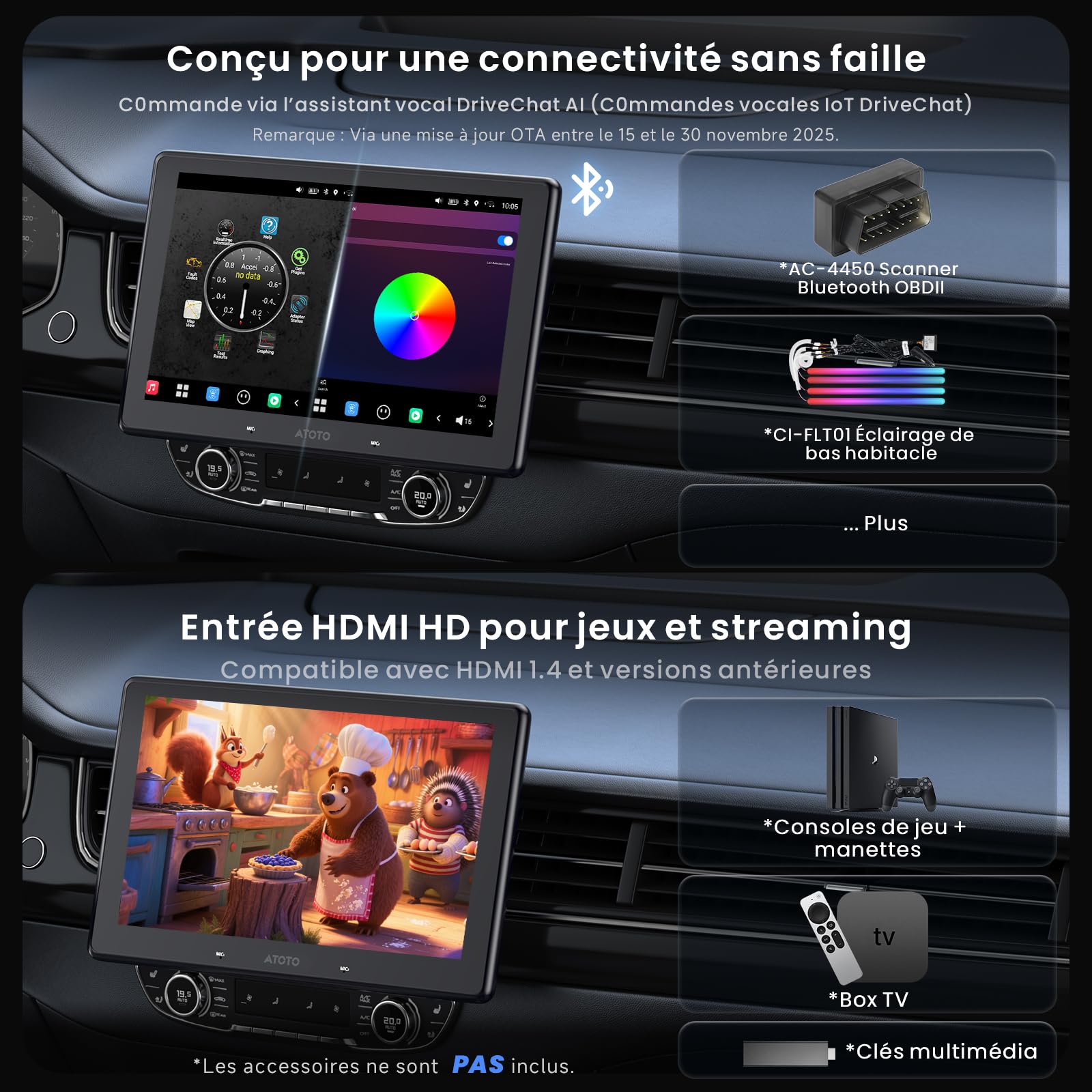 ATOTOZONE X10 Autoradio Android 10" QLED, Écran Flottant 1 DIN & 2 DIN, Agent IA & Vision IA, LiveView à Distance, Alerte Golden Hour, 4G LTE, 8G+128G, Audio 7.1.2 CH, CarPlay & Android Auto sans Fil