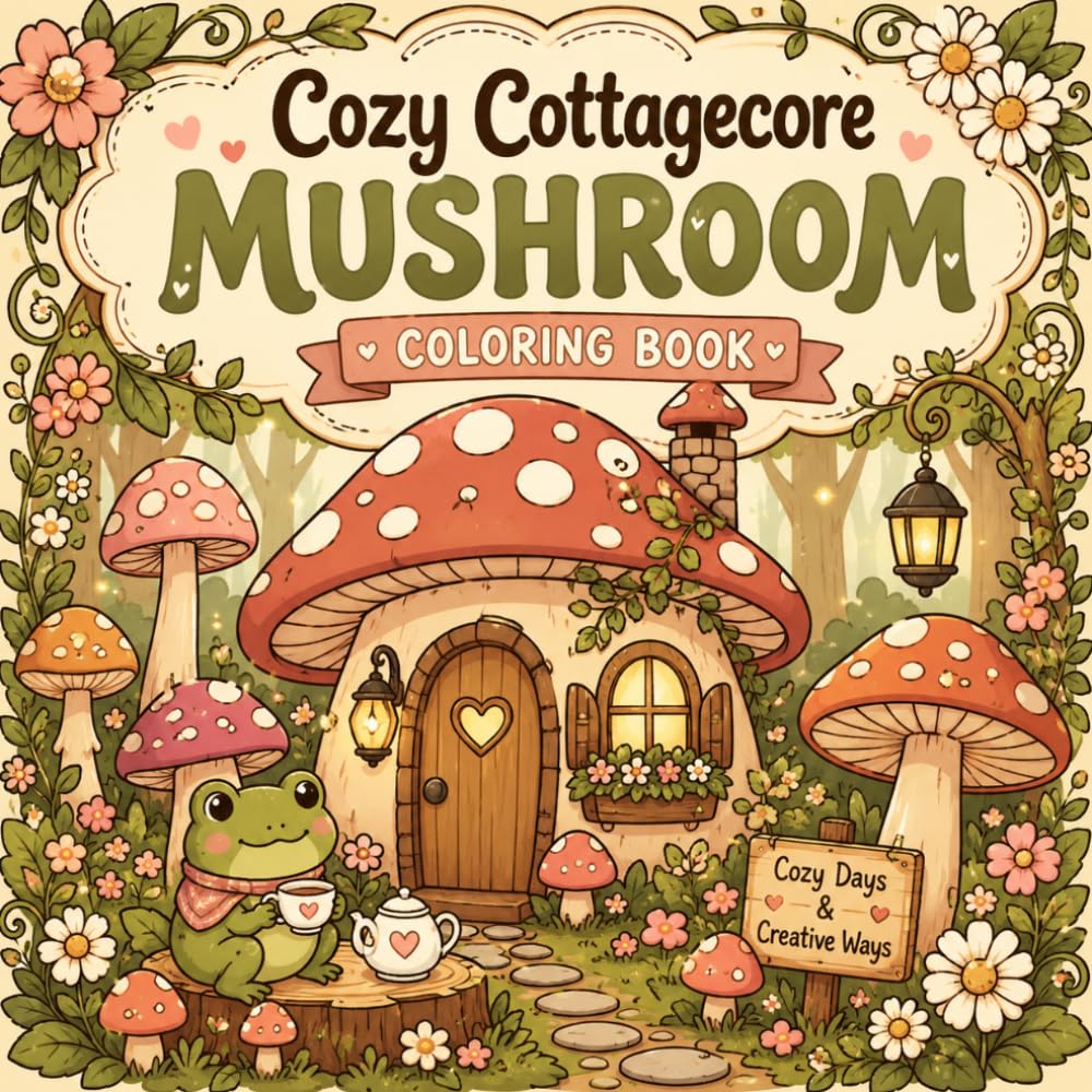 Cozy Cottagecore Mushroom Coloring Book for Adults: 50+ Bold & Easy Designs with Woodland Creatures, Fairy Gardens, and Cozy Scenes for Stress Relief and Relaxation