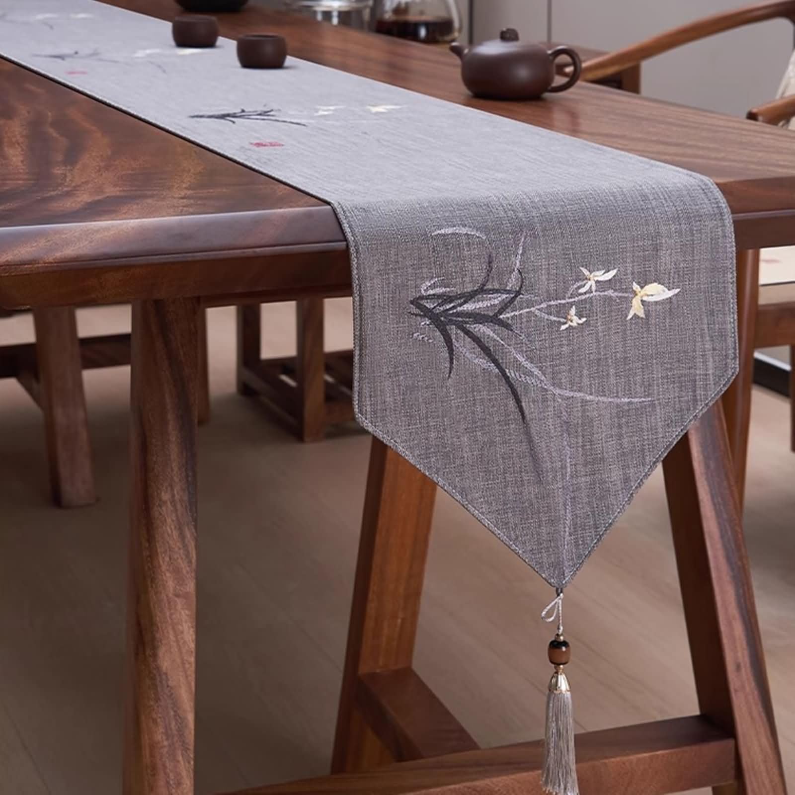 Chemin de Table Moderne Gris Floral,Polyester,33x210cm