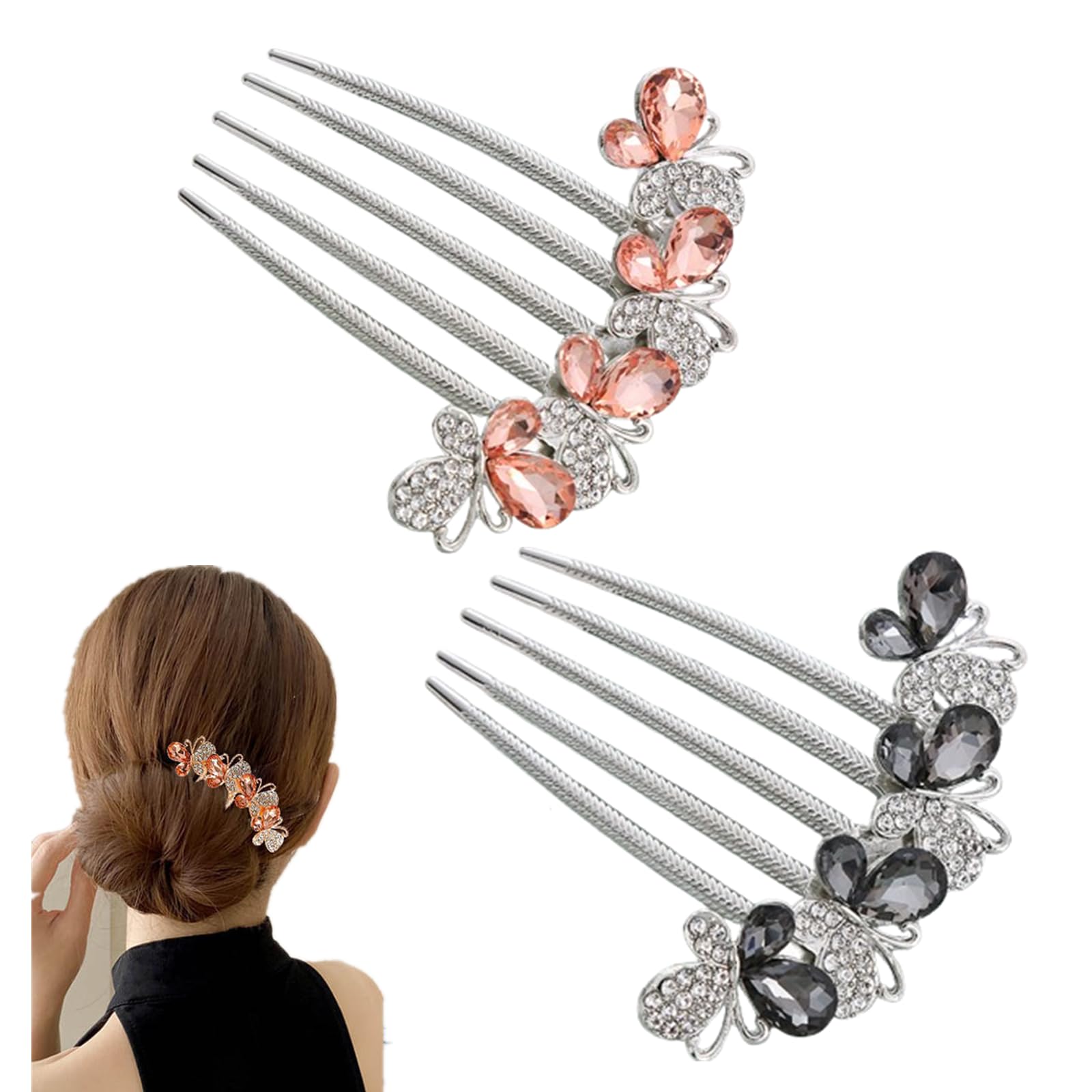 JLEivvi 2 PCS Crystal Rhinestone Butterfly Hair Combs, 5-Teeth Vintage Side Combs for Wedding Bridal, Party & Daily Wear