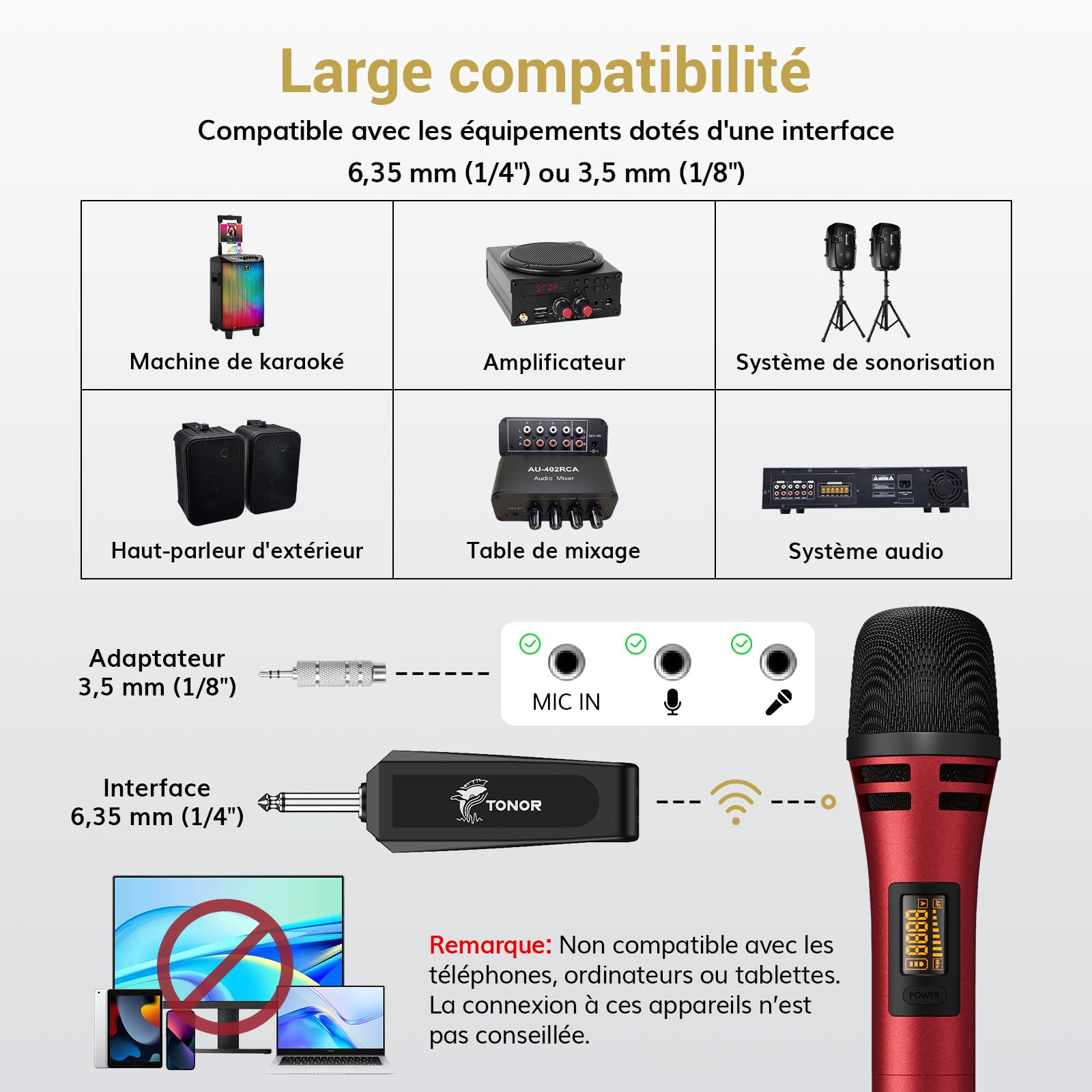 TONOR Micro Karaoke sans Fil, UHF Microphone Dynamique Chant Portable à Main avec Récepteur Rechargeable pour Karaoké Discours Mariage DJ Spectacles église Classe Conférences, 60M, Gris&Rouge, TW320