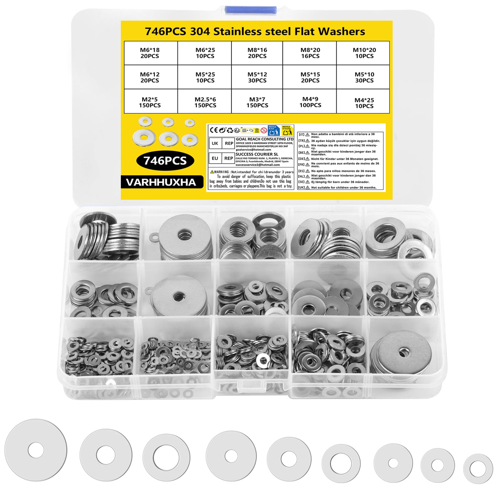 746 Pz Kit di Rondella Inox, Kit Rondelle Piatte Set, Rondella Metalliche Assortimento, Rondelle Acciaio Inox per Viti, rRondelle Piatte in Acciaio Inossidabile, M2 M2,5 M3 M4 M5 M6 M8 M10