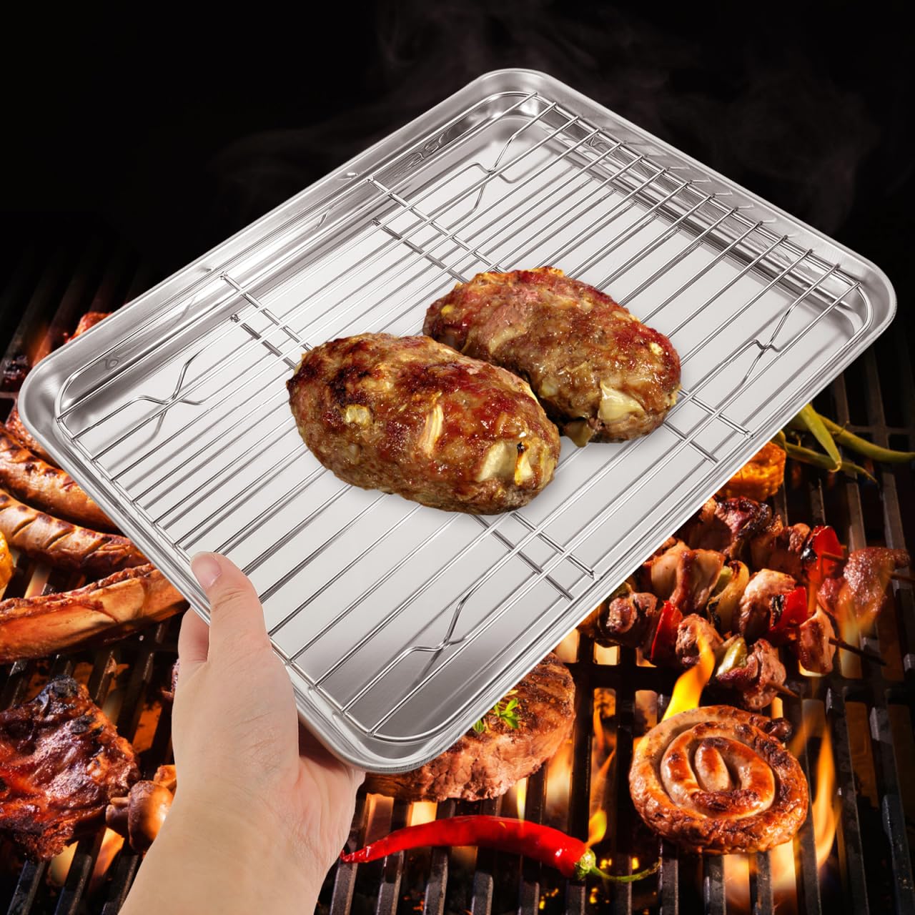 DOITOOL Lot de 1 plaques de Cuisson rectangulaires en Acier Inoxydable avec Support de Refroidissement Amovible 31 x 24 x 2,5 cm