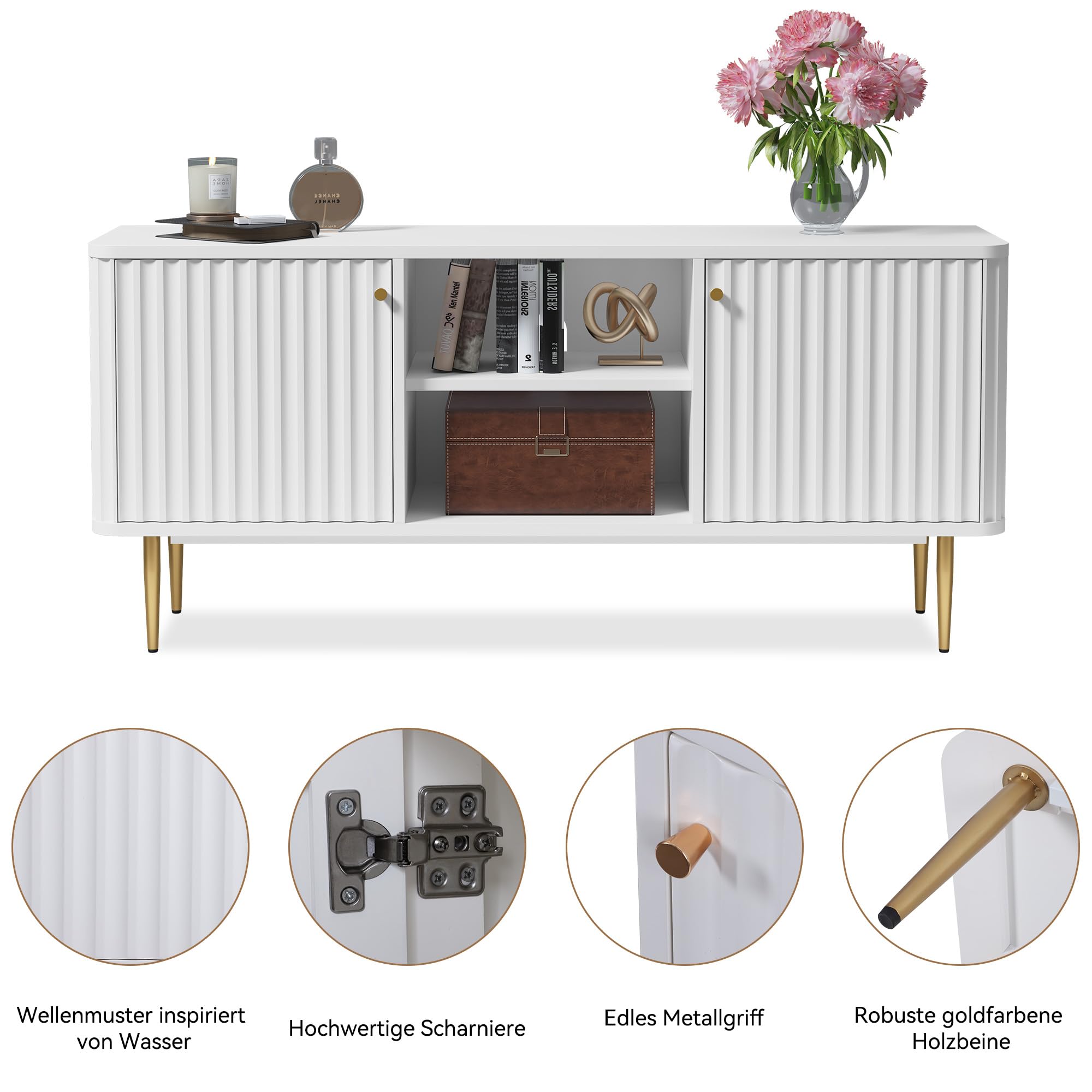 TV-Schrank-Fernsehschrank Holz Fernsehtisch mit 2 Türen Lowboard für Fernseher TV-Regal für Wohnzimmer, Esszimmer, Schlafzimmer, Moderne Stil,Weiß