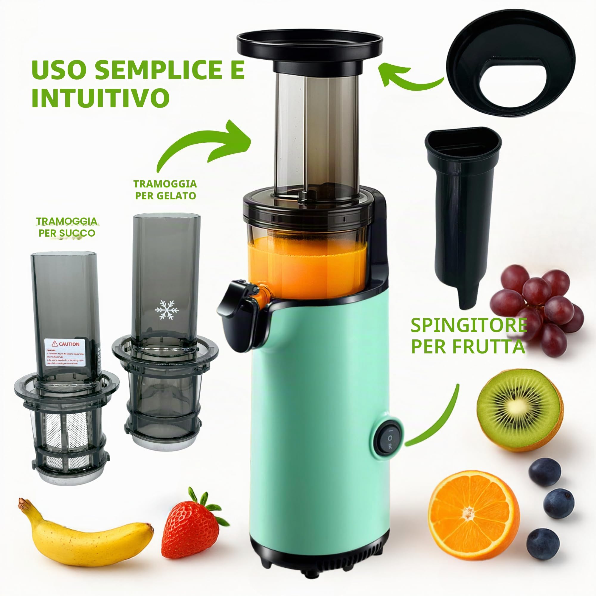 JuiceInstant - Estrattore di succhi compatto per frutta e verdura, spremiagrumi elettrico senza BPA, con setaccio, antigoccia, frullatore lento che conserva vitamine (acqua)