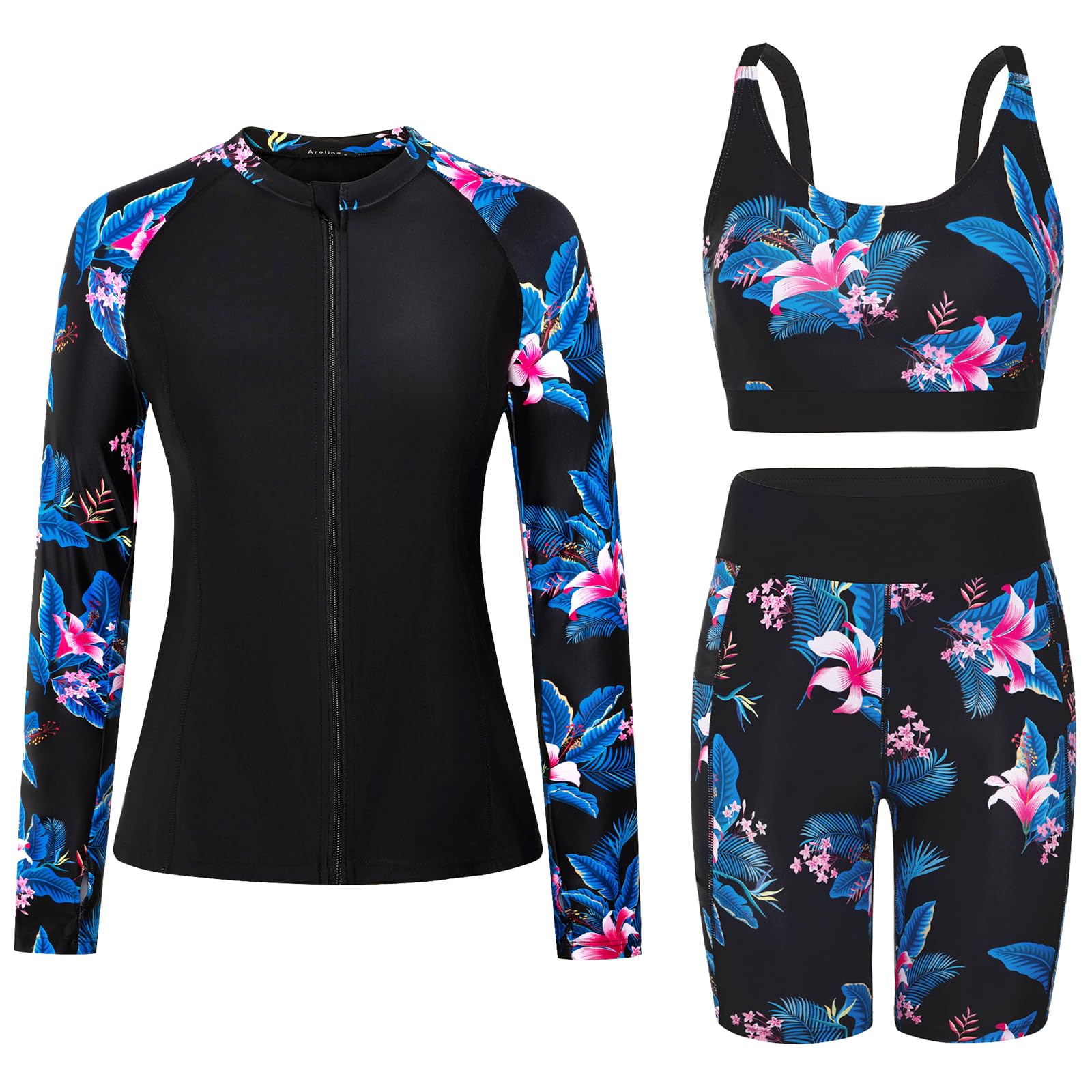 Womens Rash Guard Long Sleeve Swim Shirts Swimsuit 2026 Bathing Suit with Womens Swim Shorts & Two Pockets