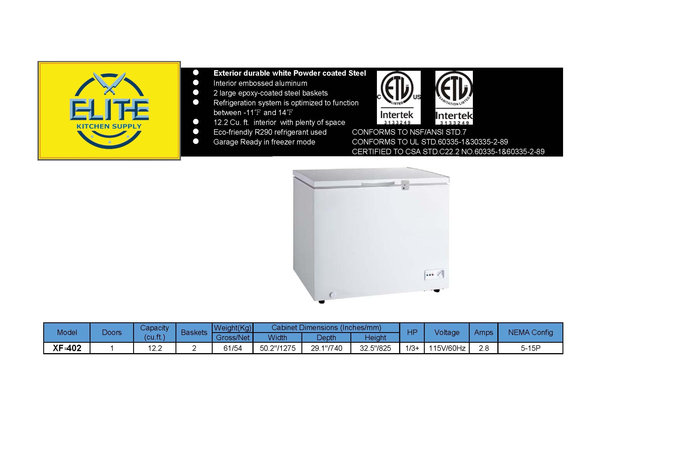 Commercial Chest Freezer, ETL All-Purpose Compact Deep Freezer Solid Top, 50" W 13 cu. ft. Solid Lockable Top Lid w/Storage Baskets, Ice Cream, White on Fridge.com