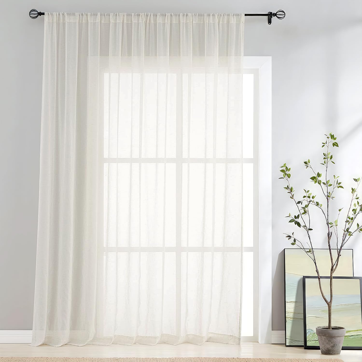 FMFUNCTEX Tende trasparenti naturali per porte scorrevoli, in misto lino e lino, 274,3 cm, pannello per finestre da patio, 2,7 m, 1 pannello, 254 cm di larghezza