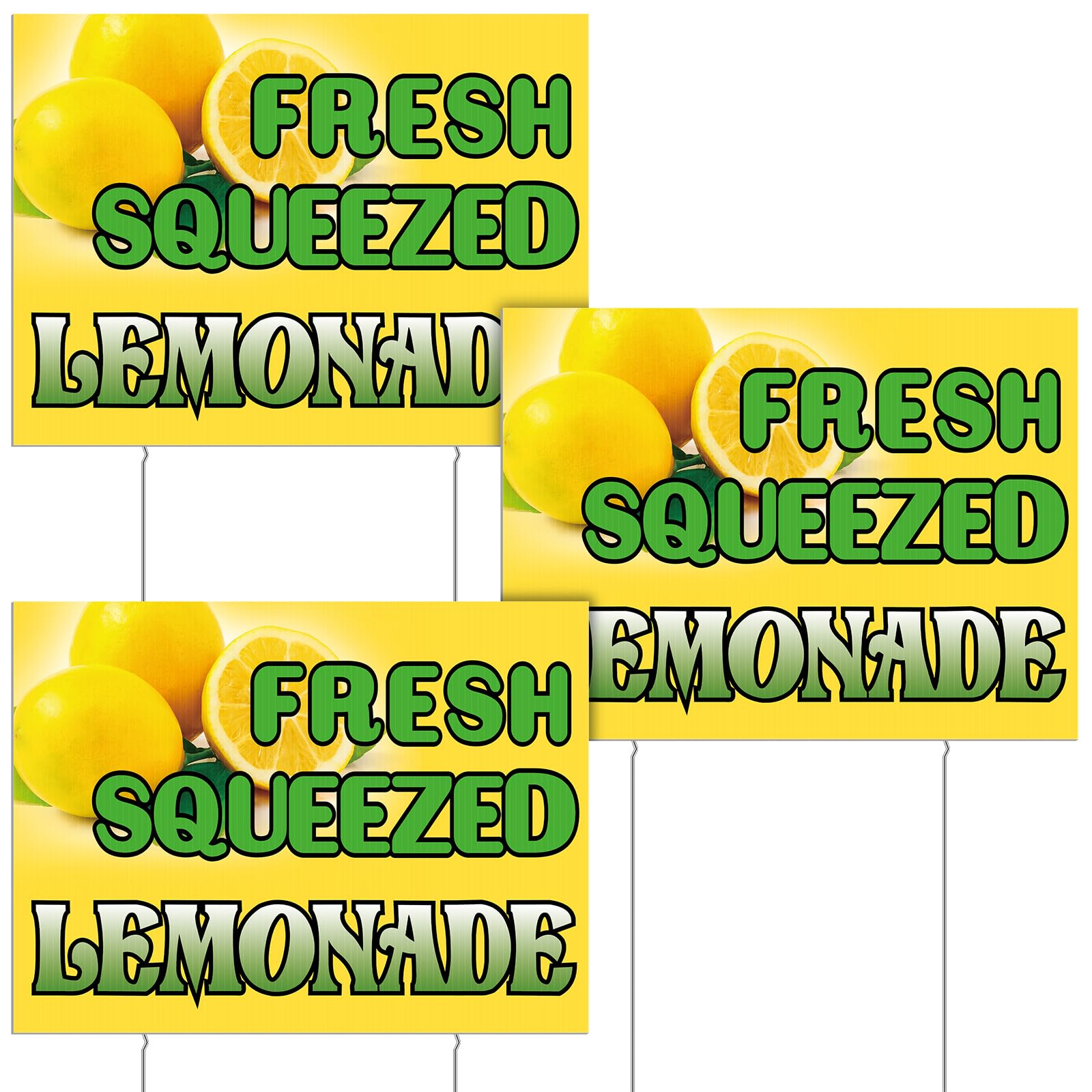 Blulu 3 Pcs Lemonade Sign 12 x 16'' Fresh Squeezed Lemonade Yard Sign Yellow Lawn Stand Supplies with Steel Stakes Double Sided Print for Store Event
