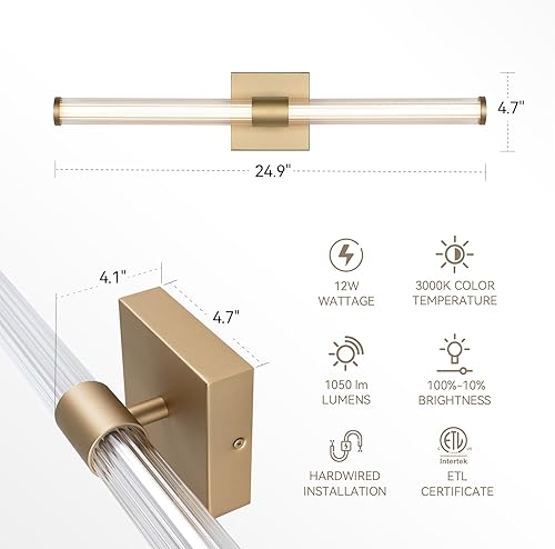 Miniatura 7 de Tubicen Lámpara de tocador dorada moderna de 360 de haz completo de 25 pulgadas, luz de pared lineal sobre espejo de 12 W, regulable, accesorios de