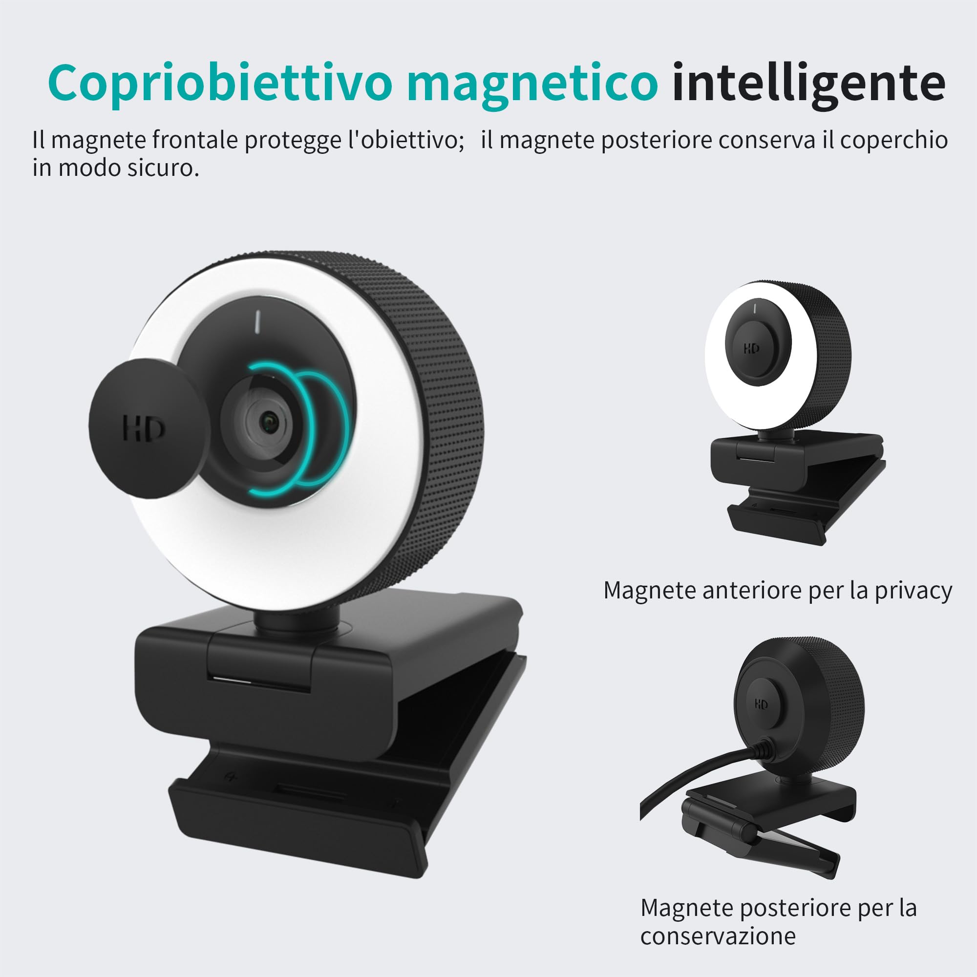 Webcam 1080P 60FPS con Microfono, Ring Light, Autofocus, 3 Modalità di illuminazione con Dimmerazione Continua per Videoconferenze su PC, Mac, Laptop e Tablet