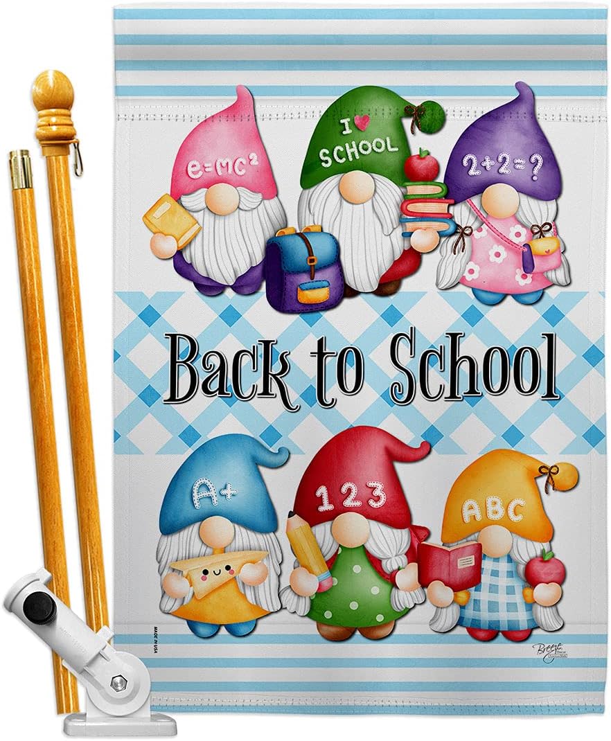 School Gnome House Flag Education Back to First Day Bus Supplies Teacher Students Class Small Decorative Gift Yard Banner Made In USA 28 X 40