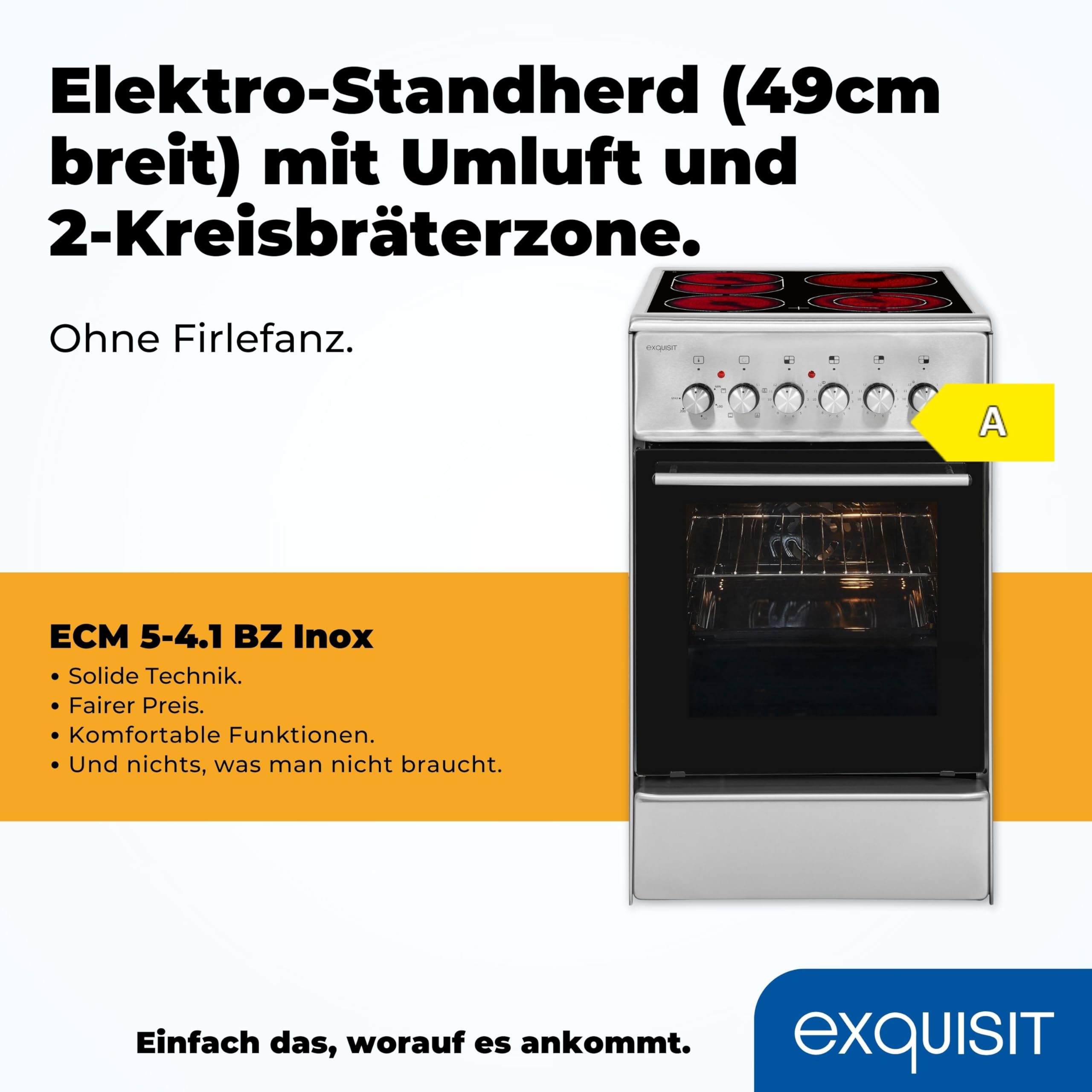 Exquisit Standherd 50 cm ECM 5-4.1 BZ Inox Elektroherd mit Glaskeramik-Kochfeld Umluft Grill 46 L Backofen Energieeffizienzklasse A