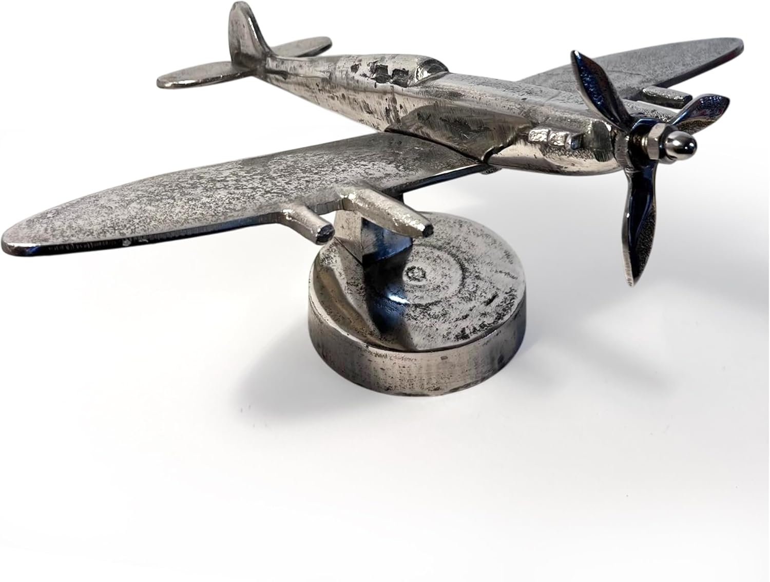 Thorness Cast Aluminium Spitfire Model Plane display model on stand with distressed silver finish