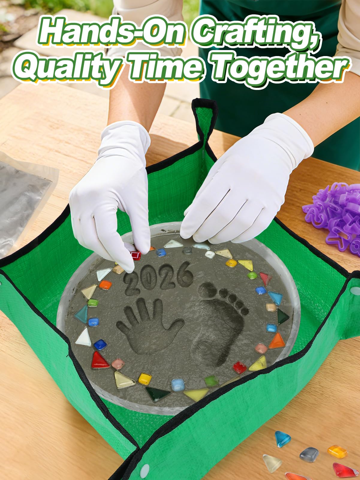 All-in-One 10in Stepping Stone Kit - Includes 5.5Lb Cement Mix, Mold, Letter & Number Stamps, Mosaics, Carving Tools, Gloves, Mat, Make Your Own Stepping Stones Outdoor for Garden Walkway Mother's Day - 4