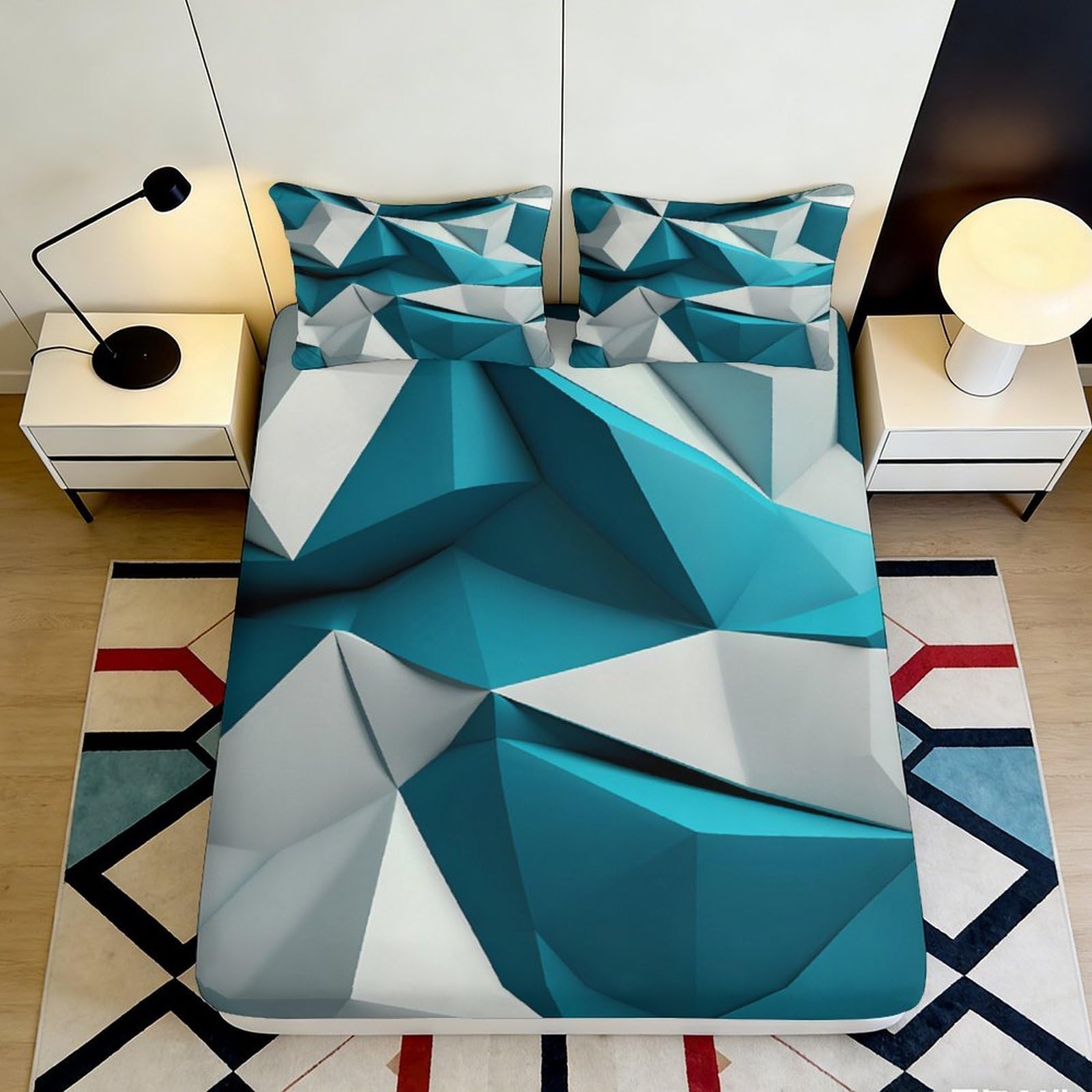 3D Printed Geometric Blue Fitted Sheet Microfiber Soft Breathable Abstract Mattress Cover for Bedroom Dorm Decor 90x200x25cm
