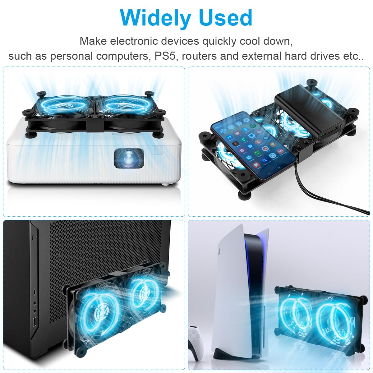 ELZO Ventilateur PC USB 120 mm double rangée 2 en 1, ventilateur d'ordinateur portable avec 3 vitesses réglables, ventilateur de refroidissement électronique avec 8 absorbeurs de chocs